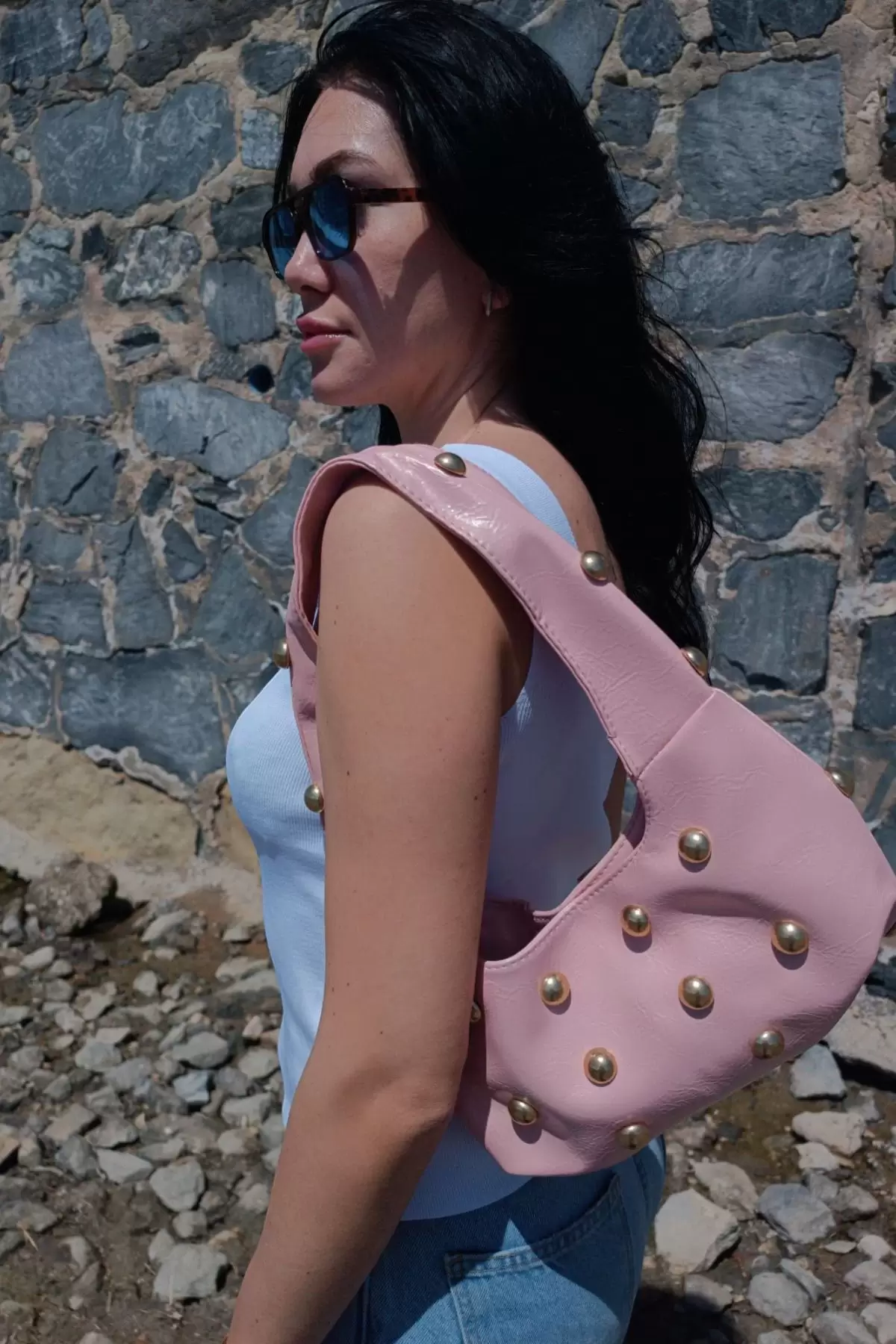 Mest Pembe Zımba Detaylı Kadın Omuz Çantası