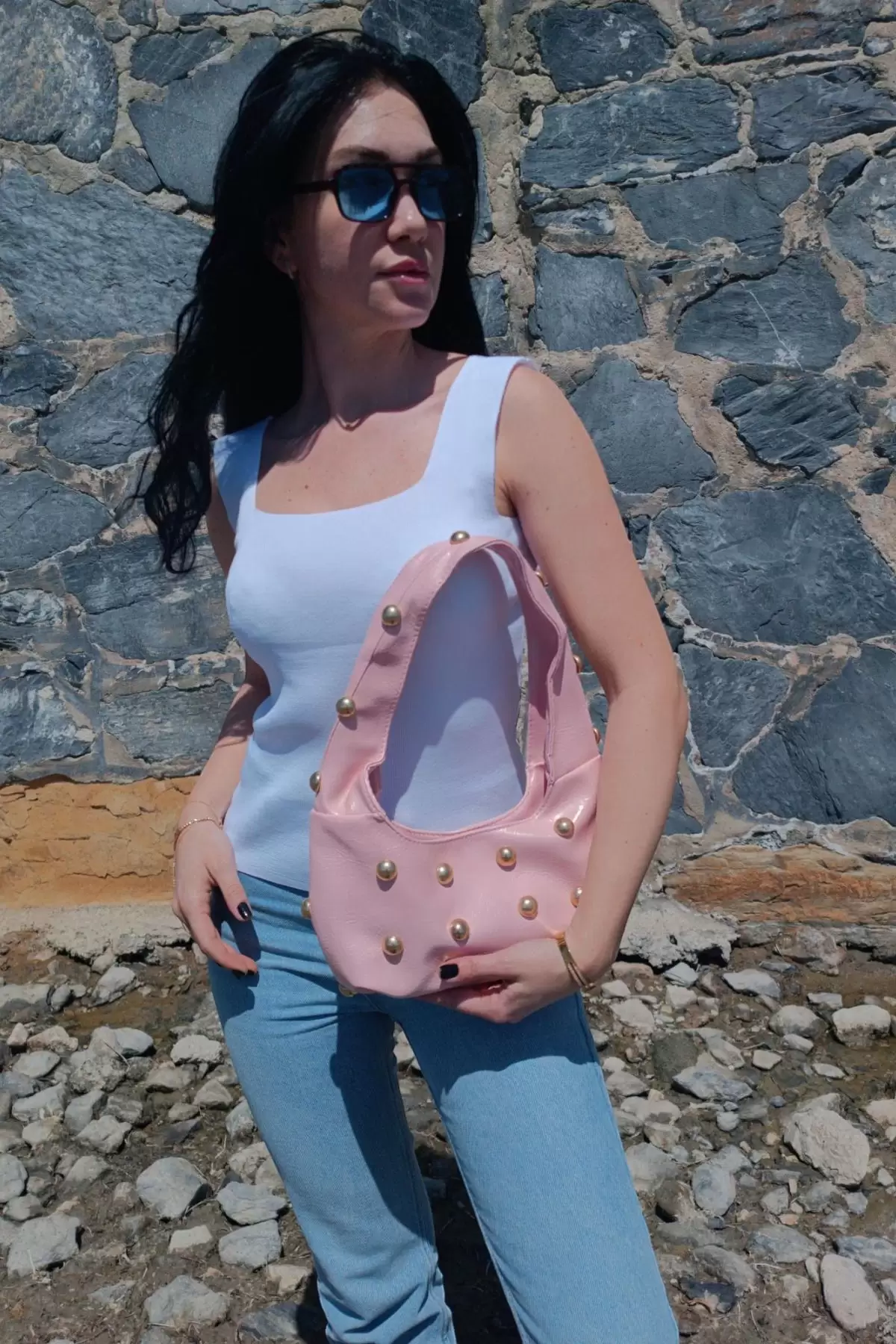 Mest Pembe Zımba Detaylı Kadın Omuz Çantası