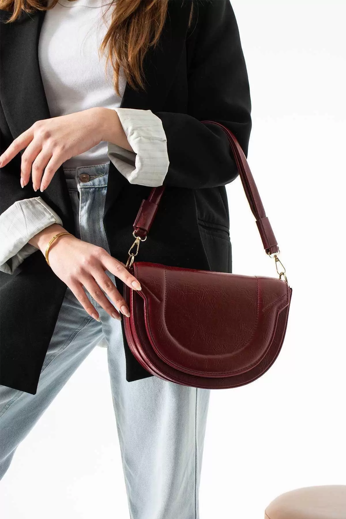 Medusa Bordo Kontrast Dikişli Kolon Askılı Kadın Omuz Çantası