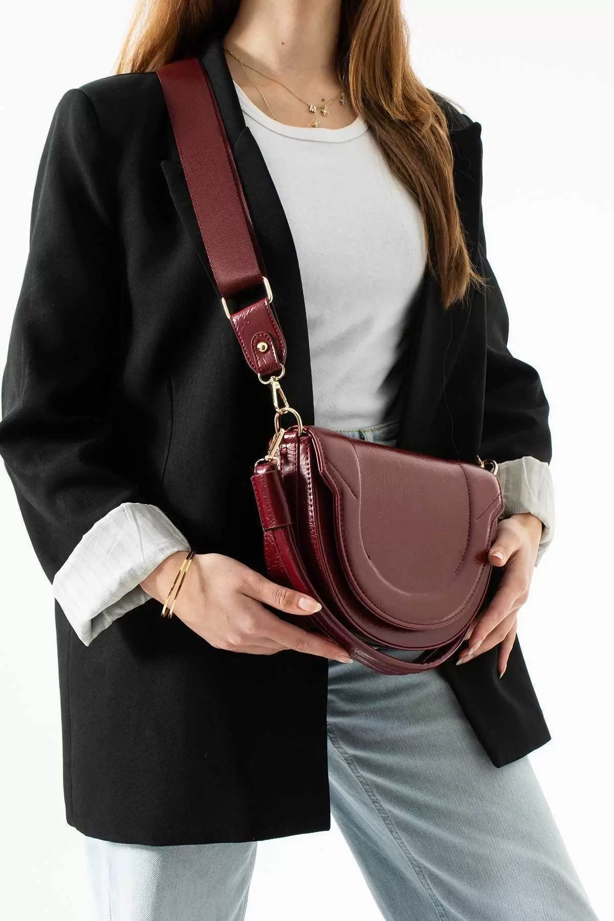 Medusa Bordo Kontrast Dikişli Kolon Askılı Kadın Omuz Çantası