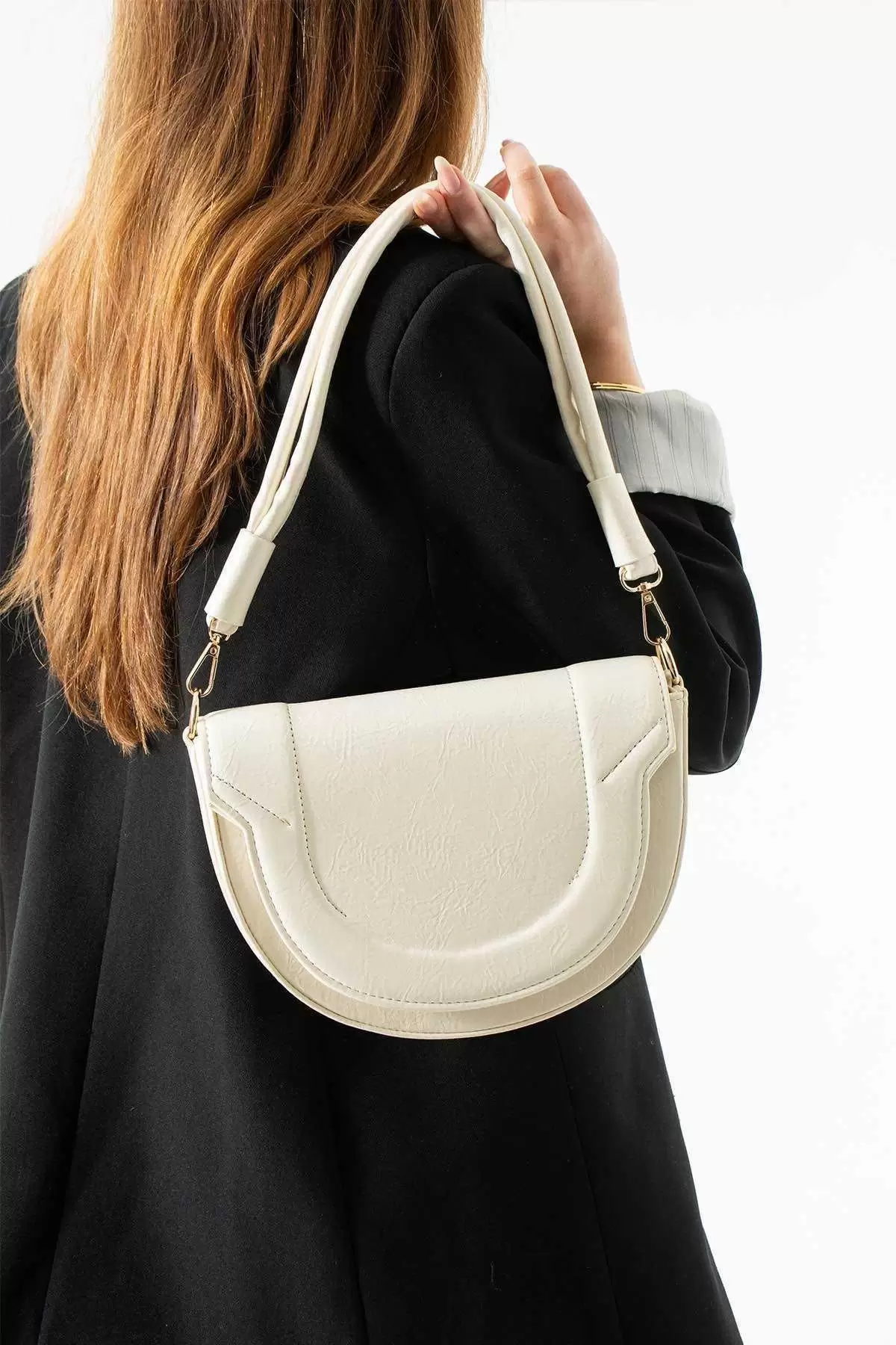 Medusa Krem Kontrast Dikişli Kolon Askılı Kadın Omuz Çantası