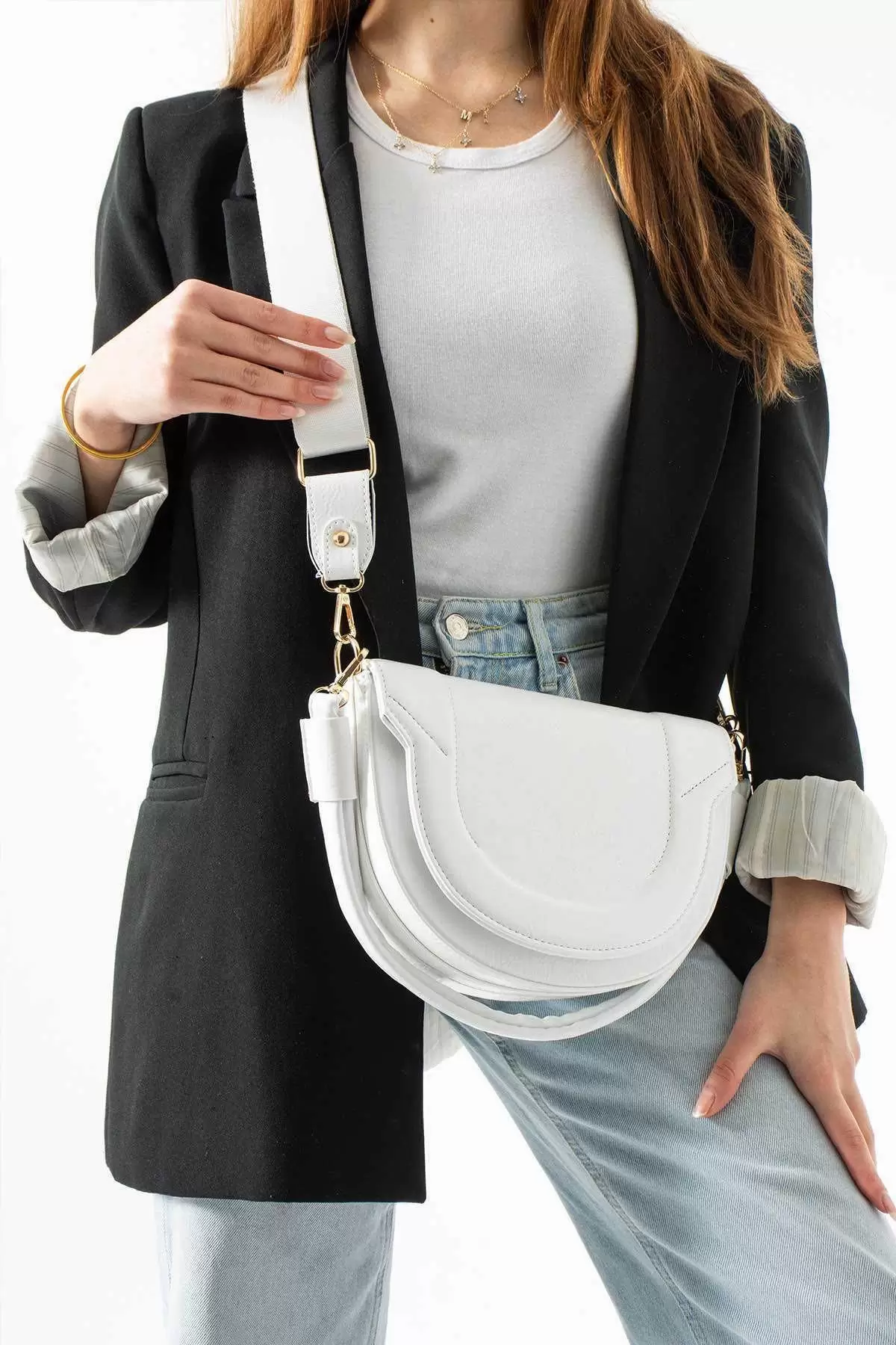 Medusa Beyaz Kontrast Dikişli Kolon Askılı Kadın Omuz Çantası
