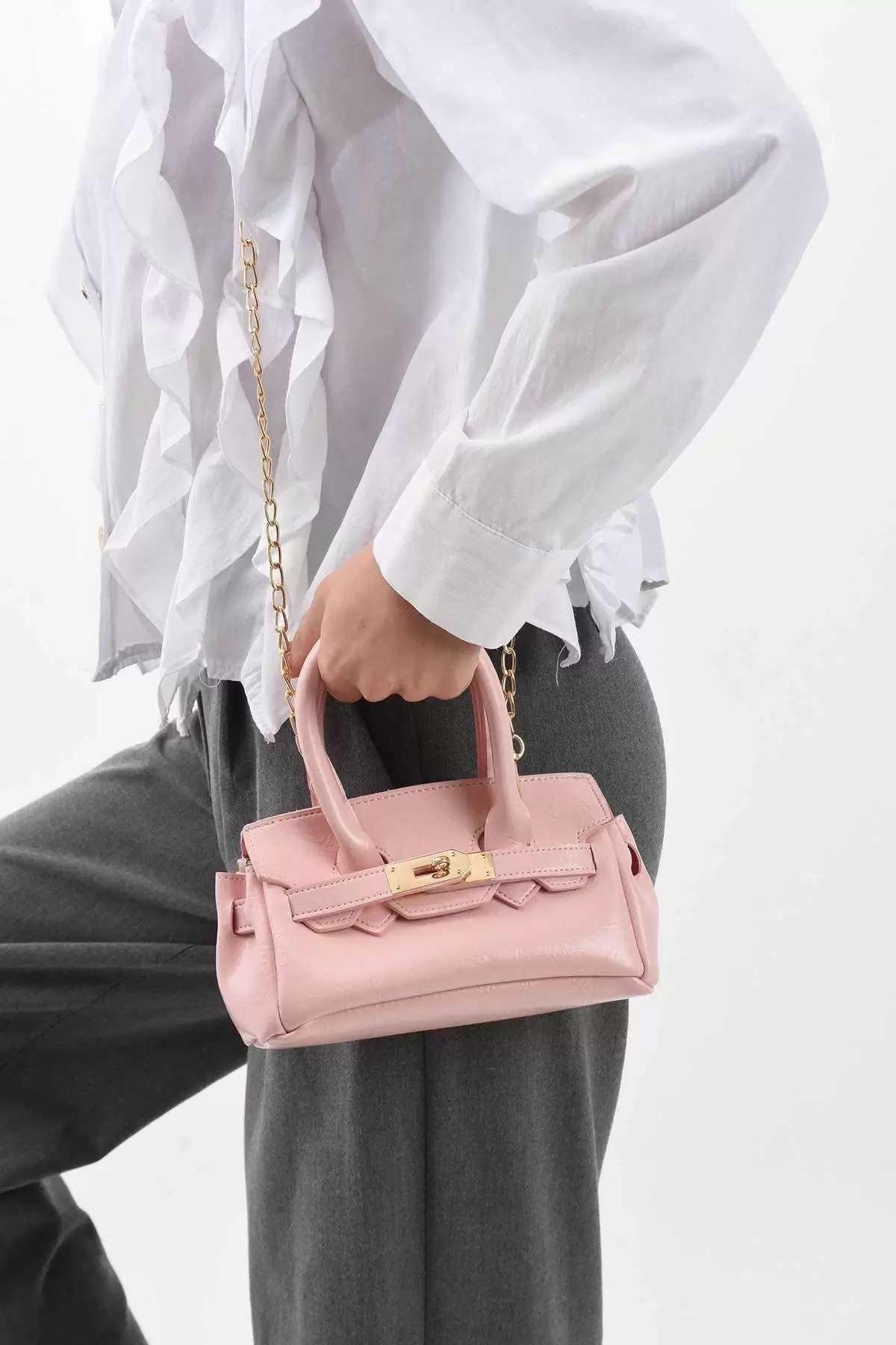 Laurie Pembe Tasarım Kilit Aksesuarlı Zincir Askılı Kadın Mini Omuz Çantası