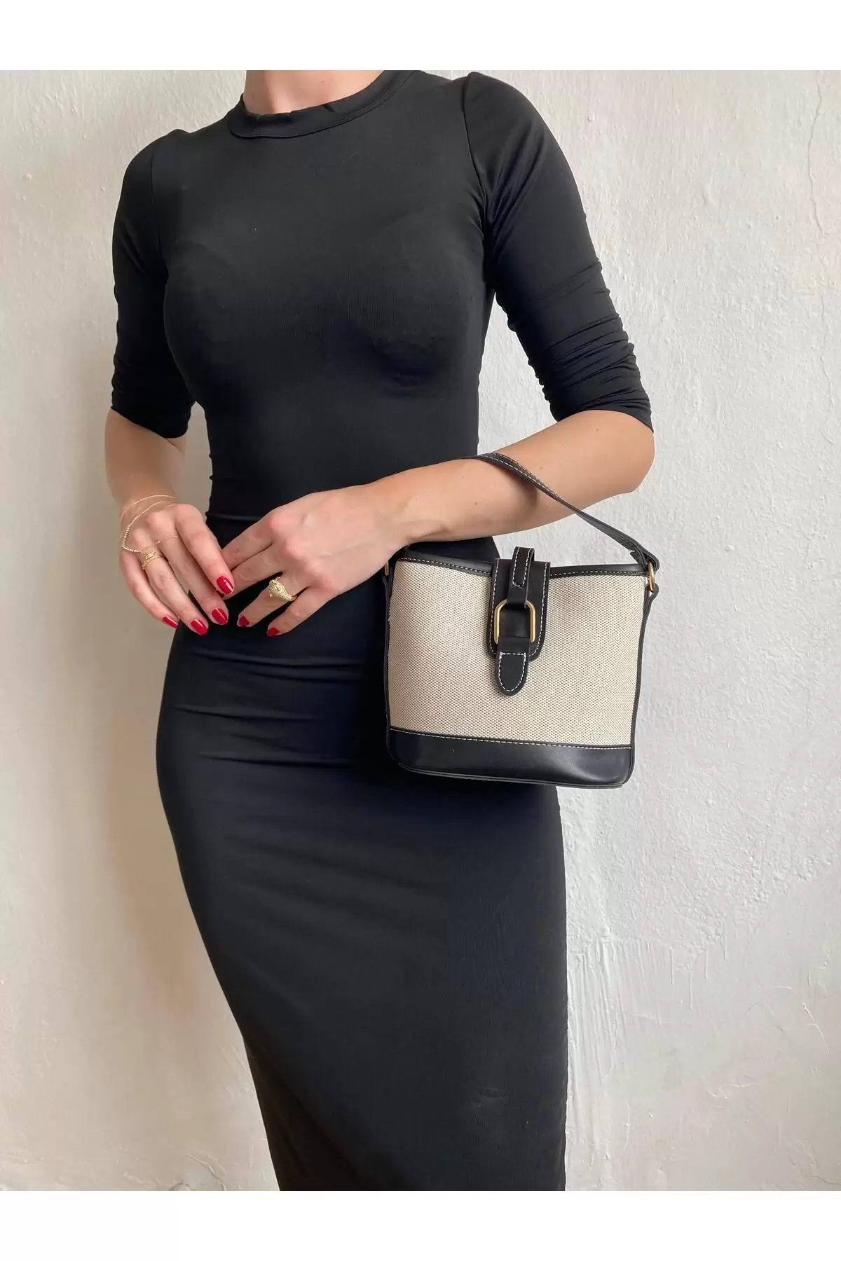 Alin Keten Siyah Kontrast Kova Model Kadın Omuz Çantası