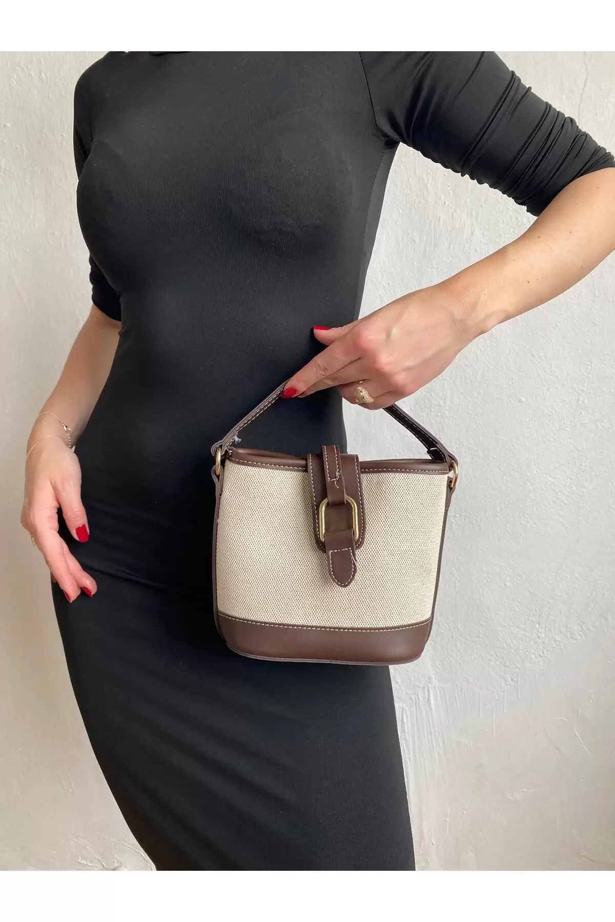 Alin Keten Kahve Kontrast Kova Model Kadın Omuz Çantası