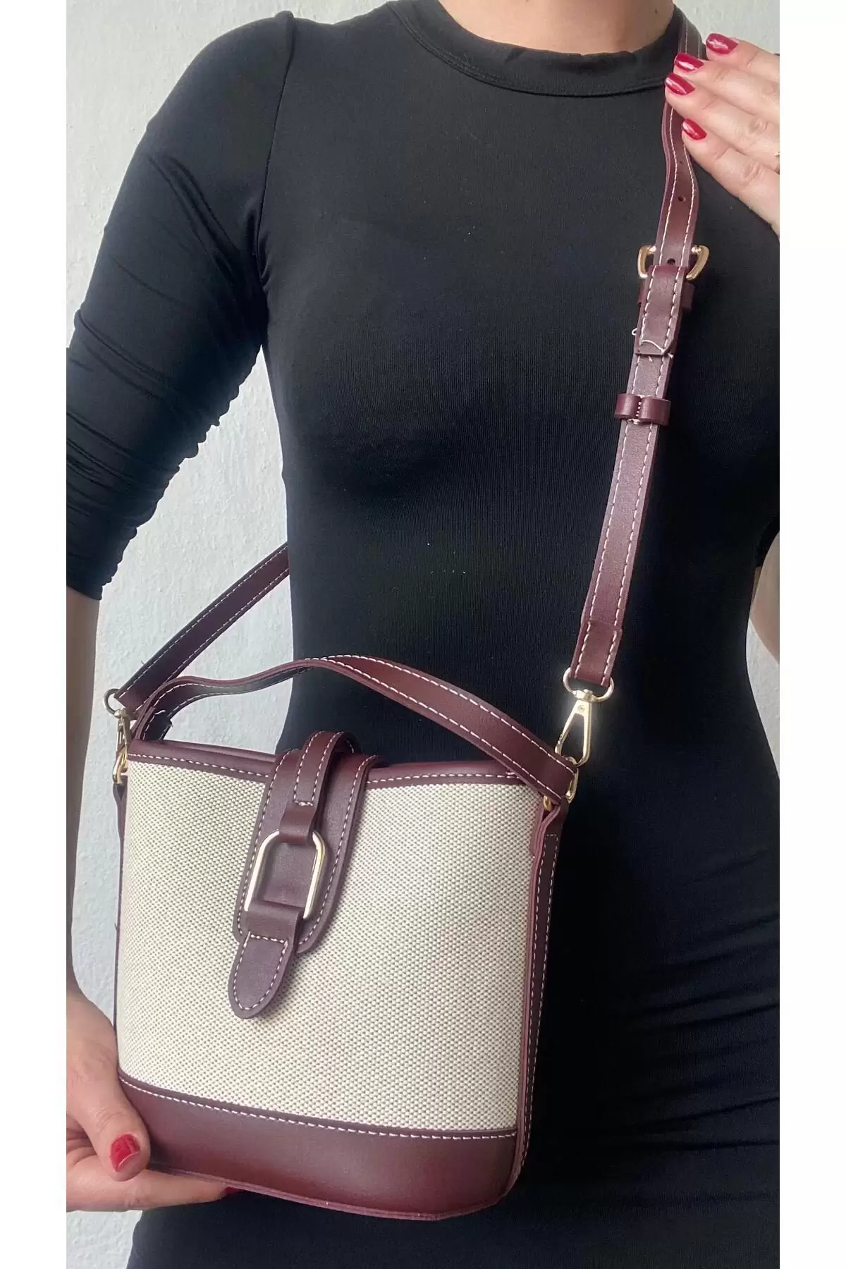 Alin Keten Bordo Kontrast Kova Model Kadın Omuz Çantası