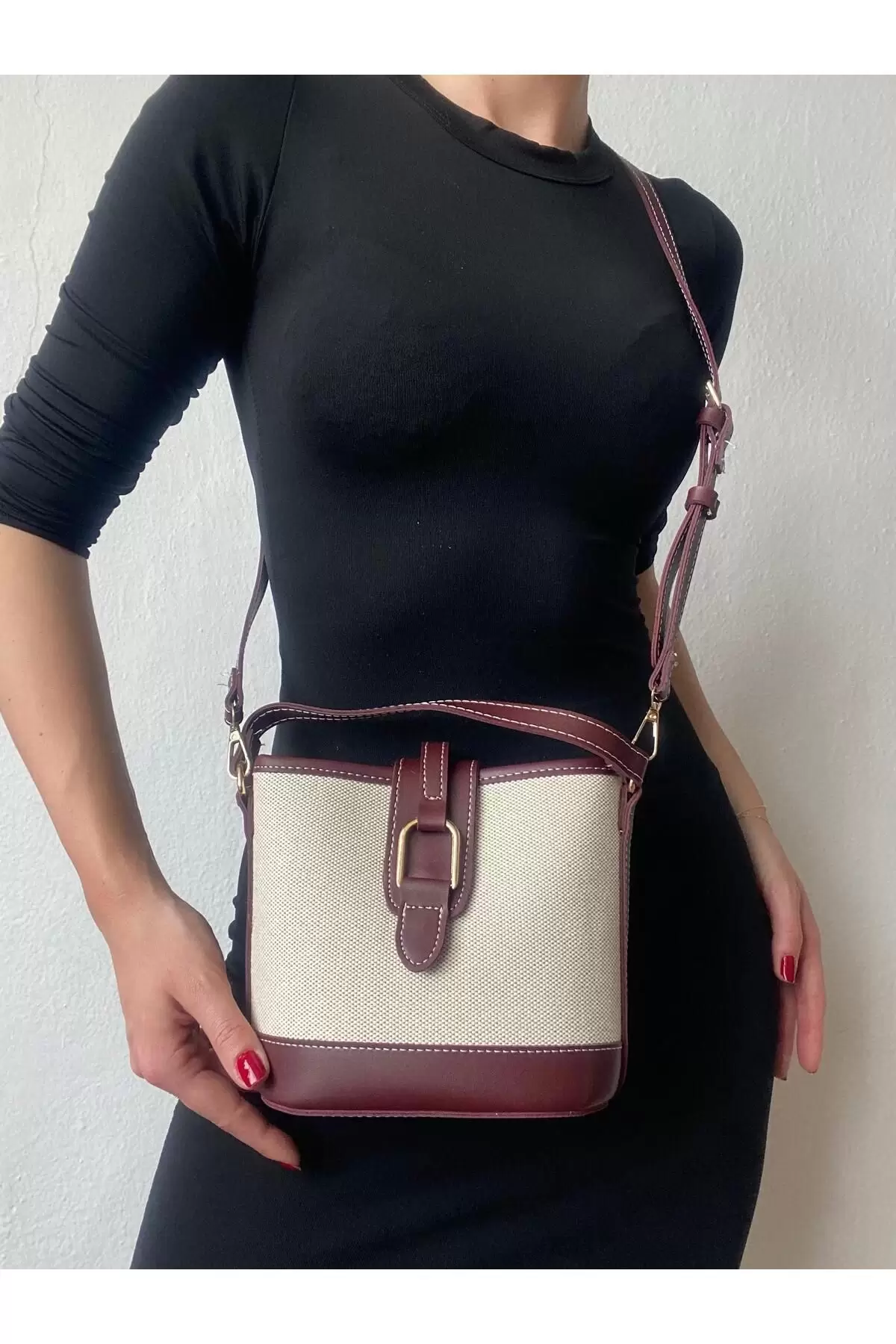 Alin Keten Bordo Kontrast Kova Model Kadın Omuz Çantası