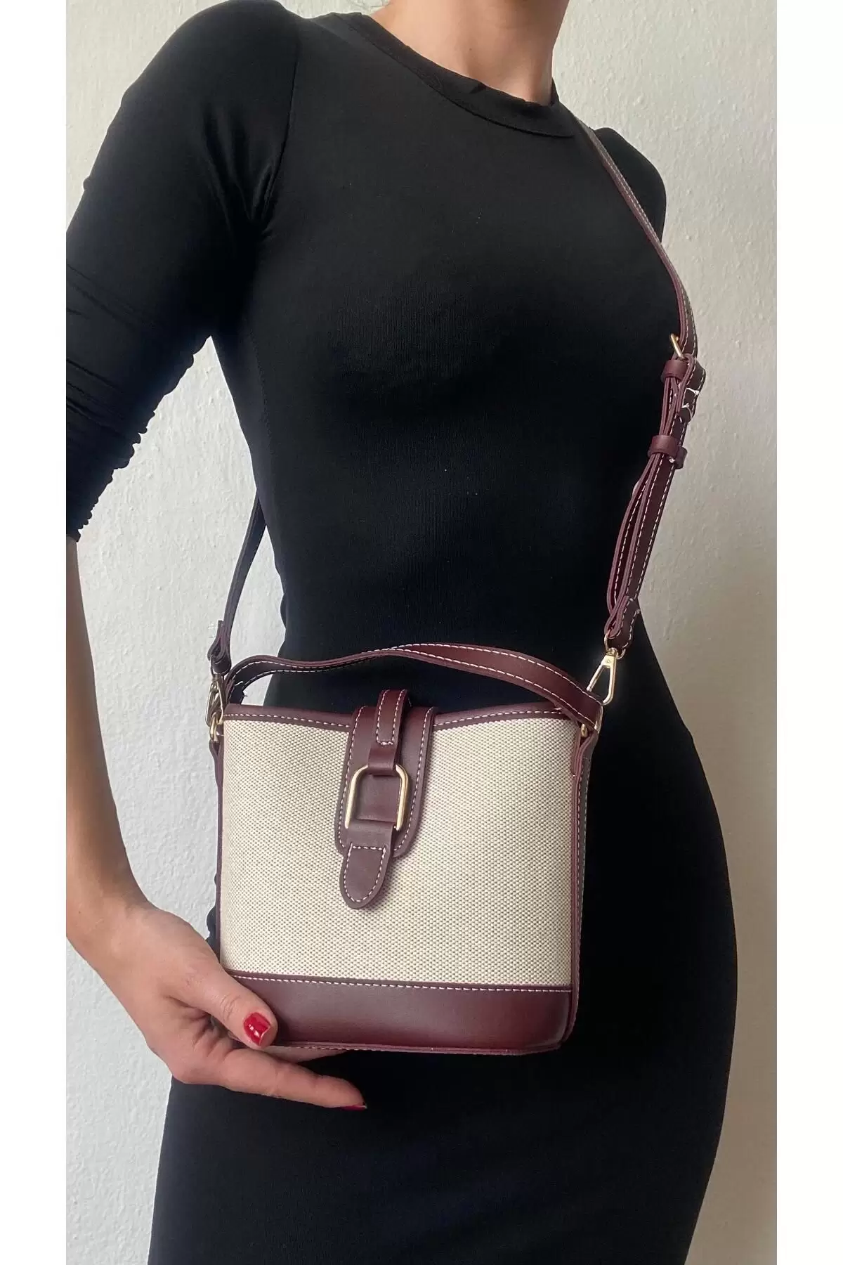 Alin Keten Bordo Kontrast Kova Model Kadın Omuz Çantası