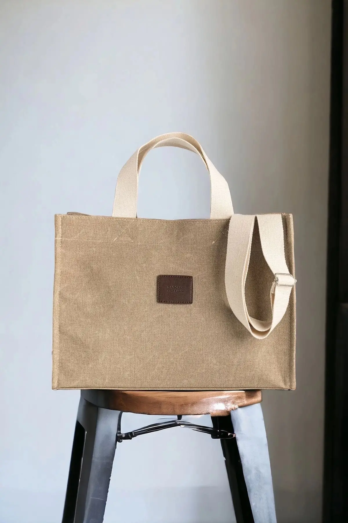 Wave Mink Canvas Large Size Hand and Shoulder Bag with Column Strap