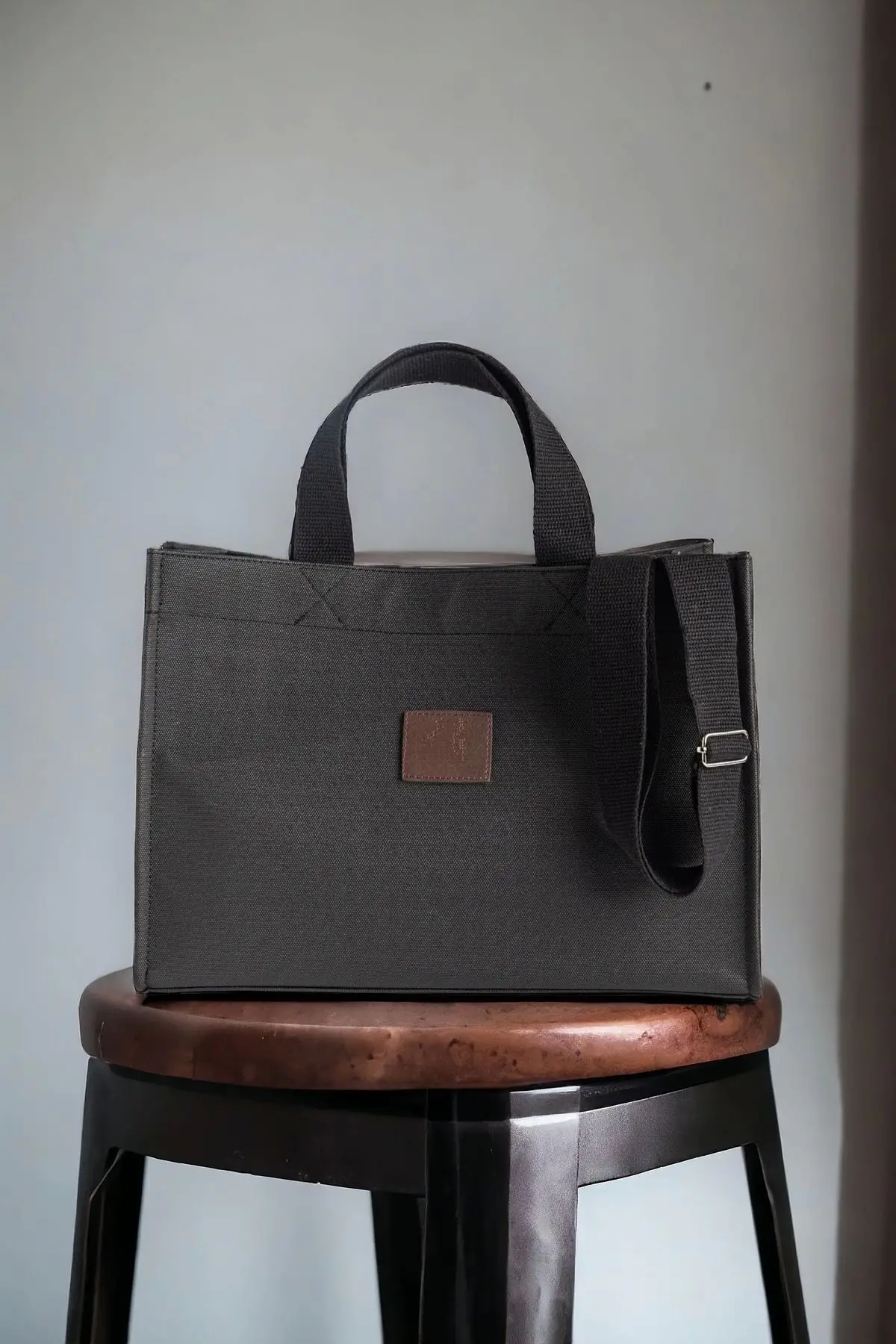 Wave Black Canvas Shoulder Bag with Column Strap
