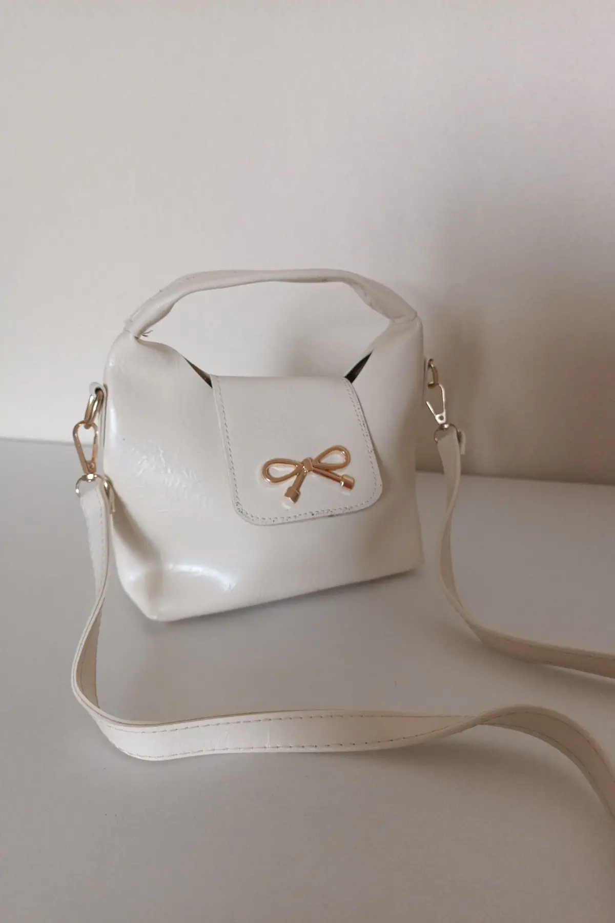 Ribbon Krem Mini Kadın El Kol Ve Omuz Çantası