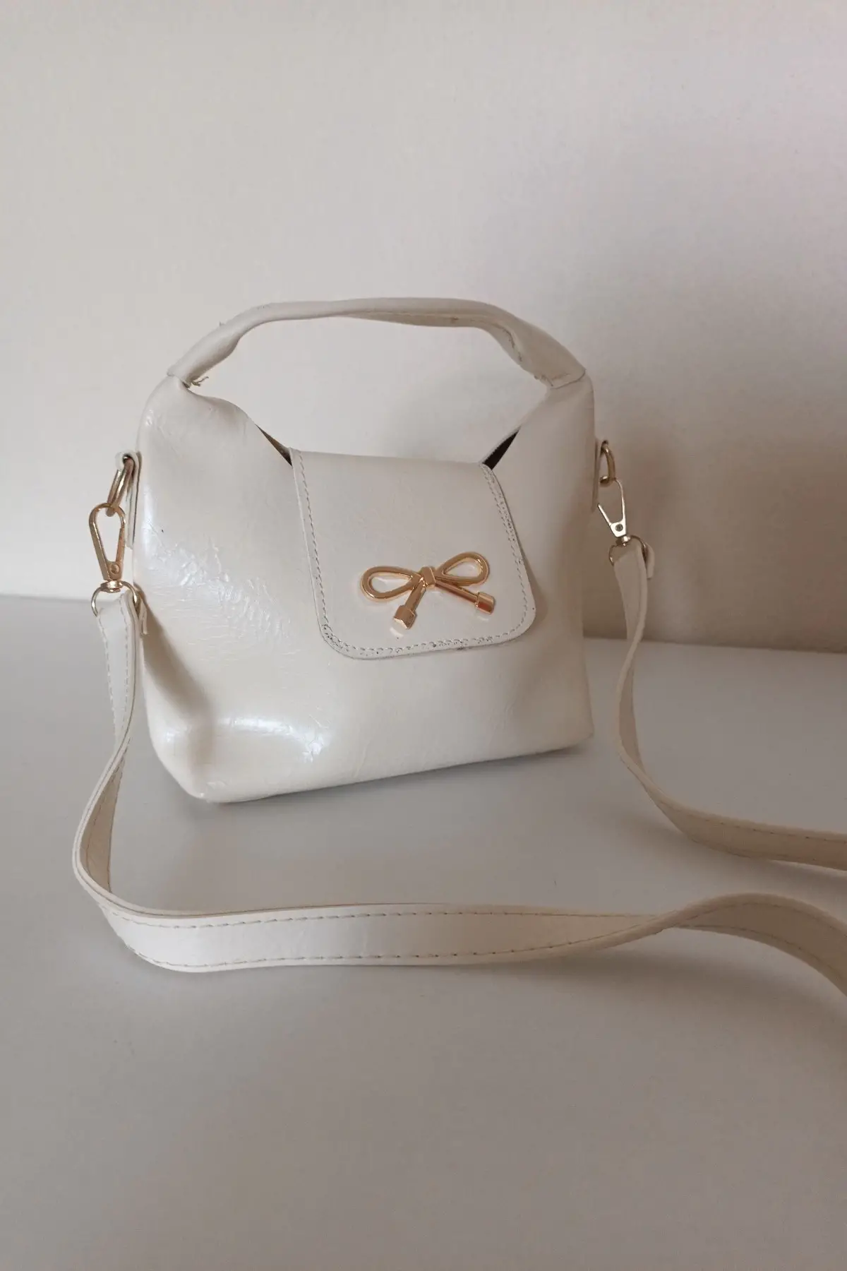 Ribbon Krem Mini Kadın El Kol Ve Omuz Çantası