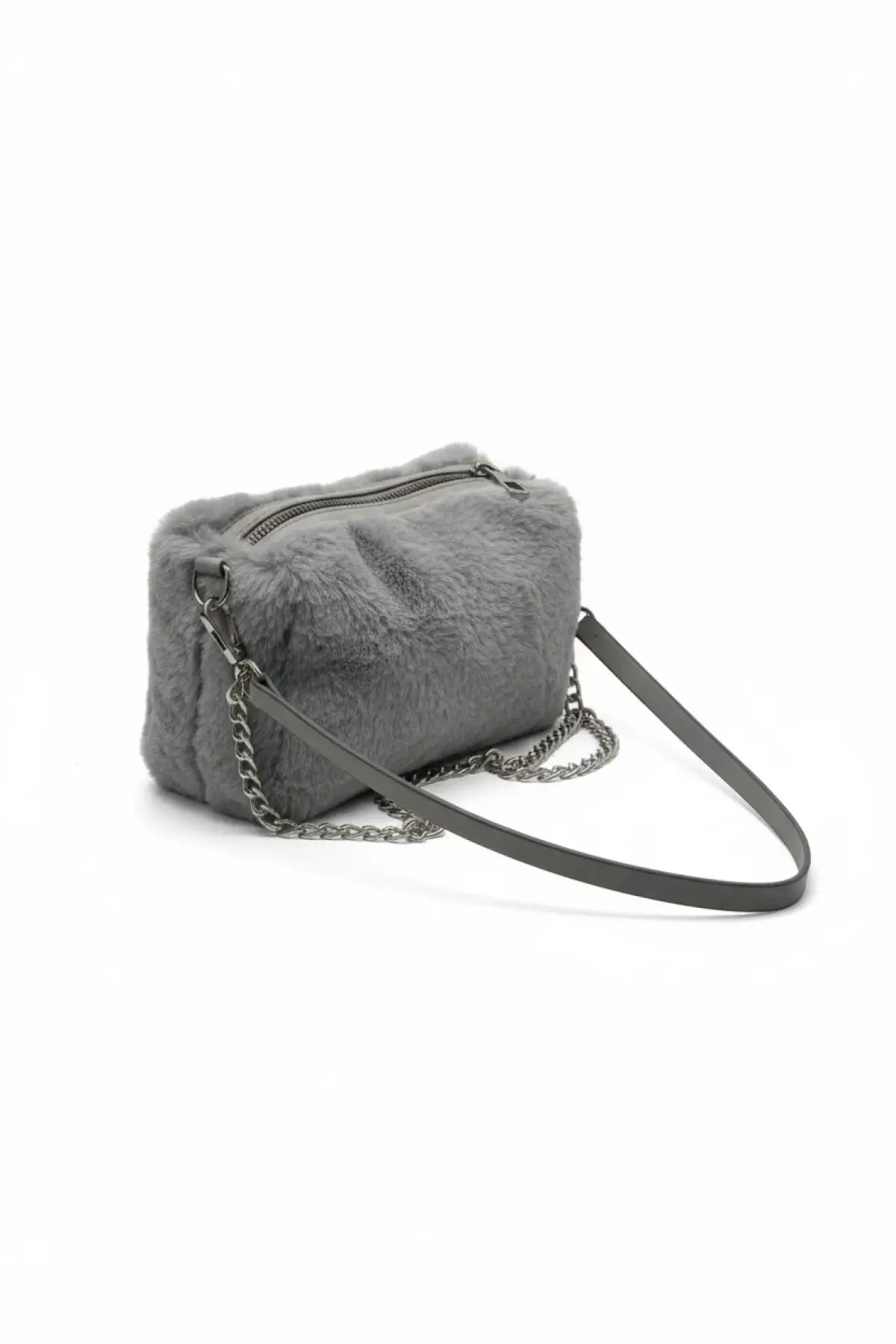 Luxury Gri Peluş Zincir Askılı Kadın Omuz Çantası