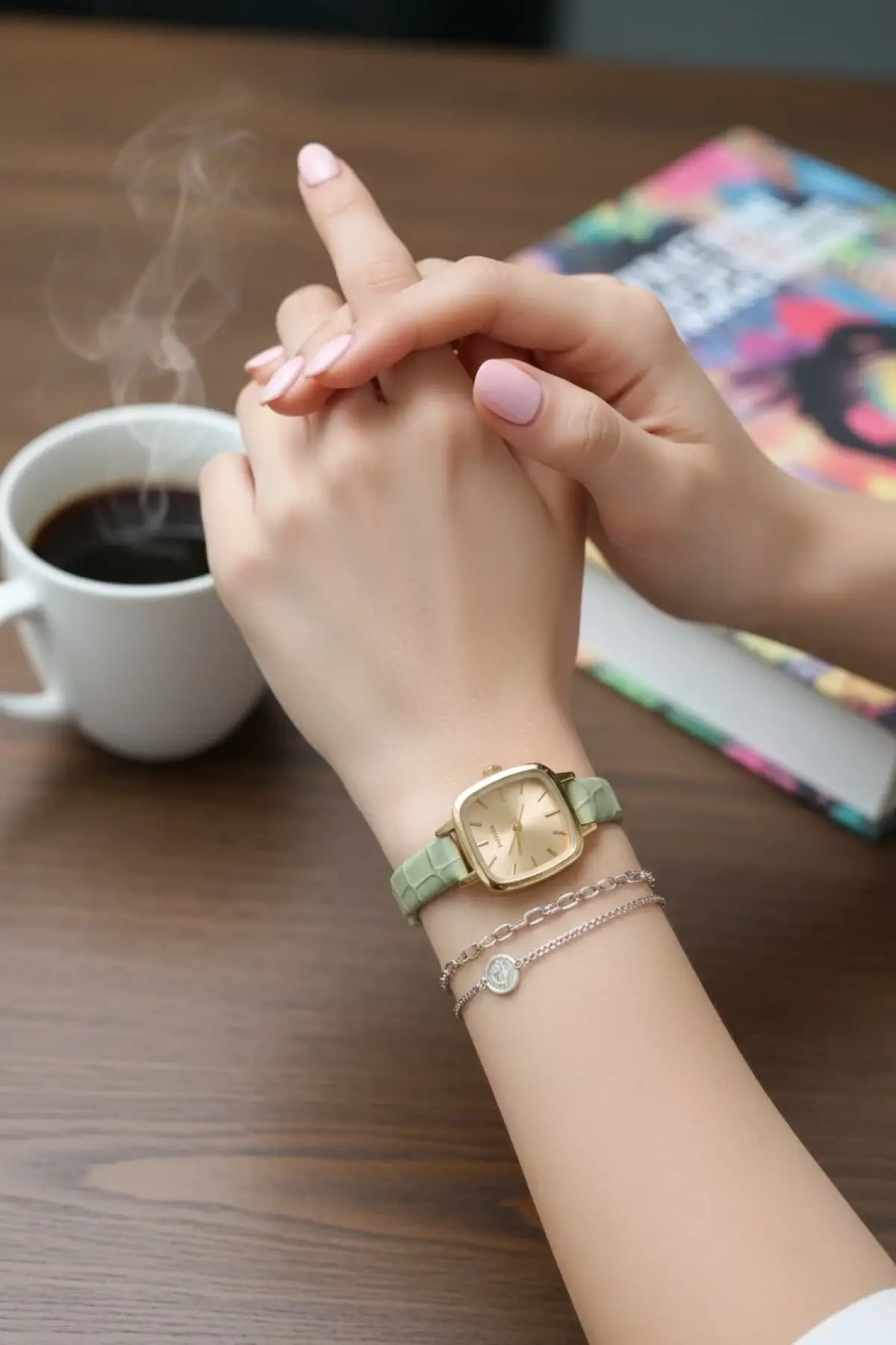 Seraphina Mint Yeşili Kroko Deri Kordonlu Yeşil Kare Minimal Kadın Kol Saati