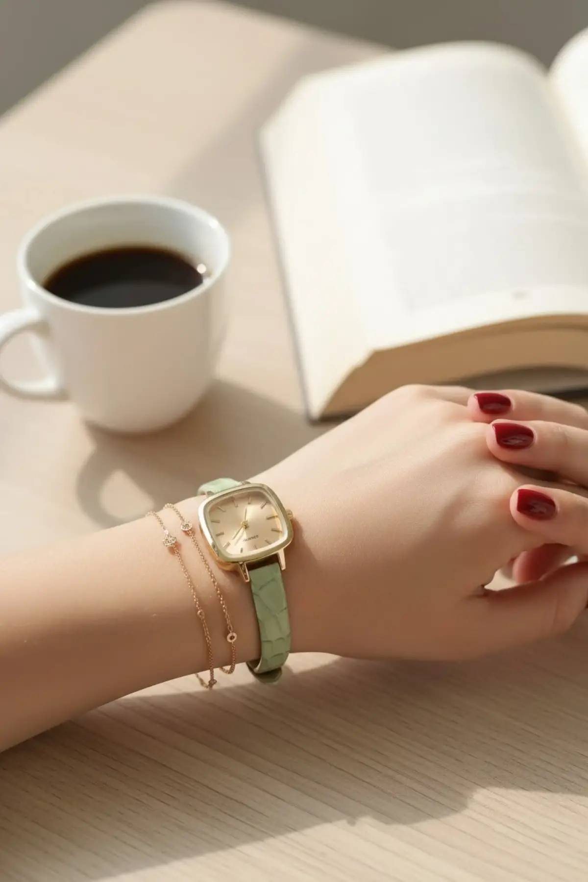 Seraphina Mint Yeşili Kroko Deri Kordonlu Yeşil Kare Minimal Kadın Kol Saati