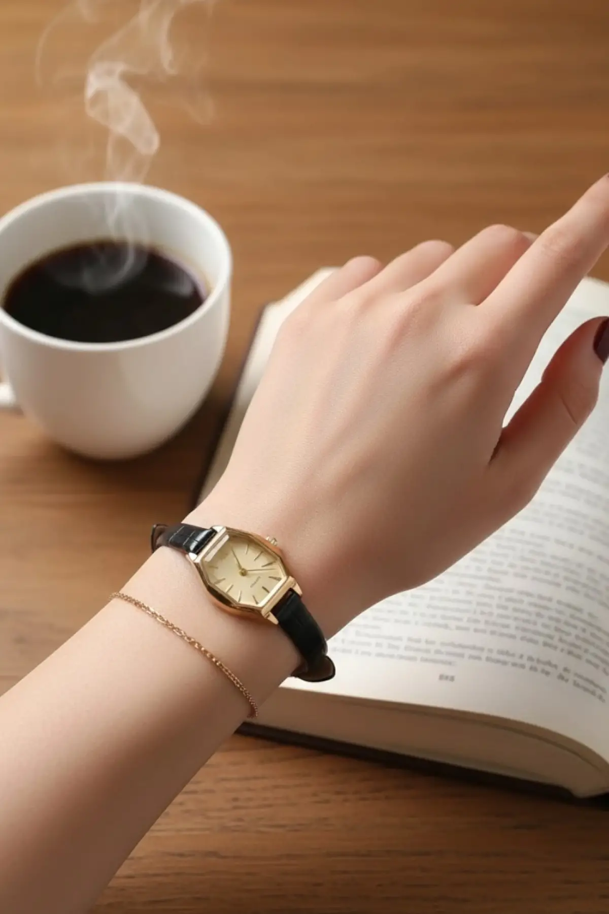 Genevieve Siyah Kroko Deri Kordonlu Geometrik Minimal Kadın Kol Saati