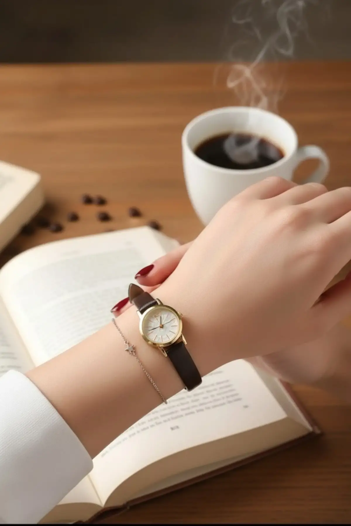 Celestia Kahve Deri Kordonlu Yeşil Yuvarlak Minimal Kadın Kol Saati