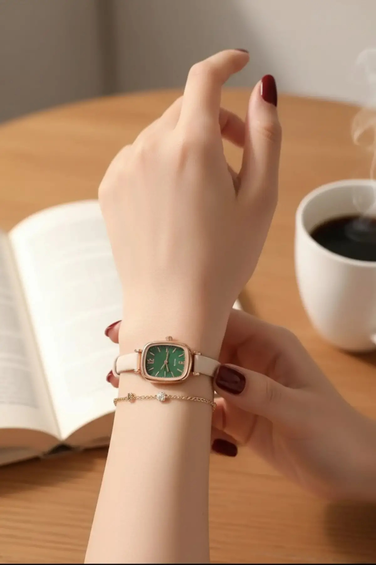 İsabelle Krem Deri Kordonlu Yeşil Kare Minimal Kadın Kol Saati