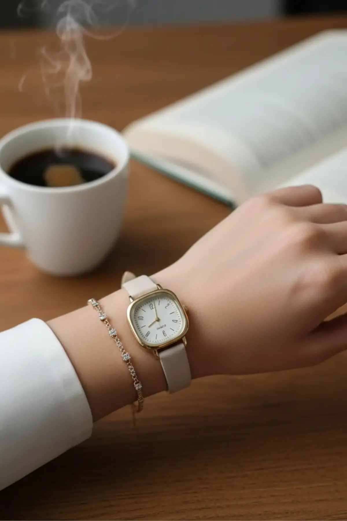 Jade Krem Retro Deri Kordonlu Kare Minimal Kadın Kol Saati