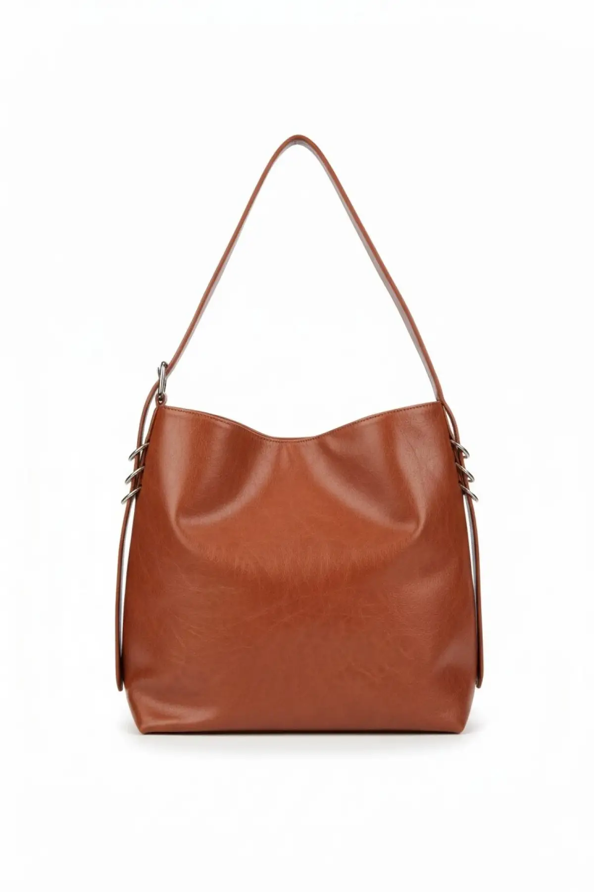 Shine Taba Yan Metal Detaylı Kırışık Desen Shopper Omuz Çantası