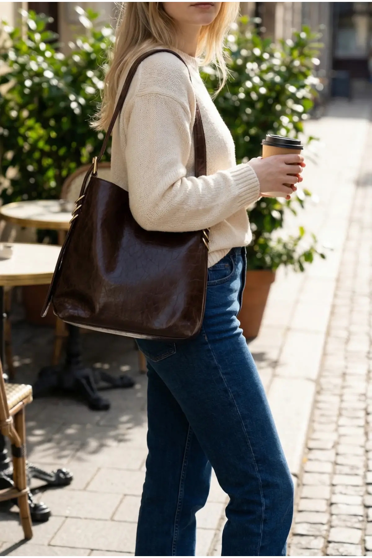 Shine Acı Kahve Yan Metal Detaylı Kırışık Desen Shopper Omuz Çantası