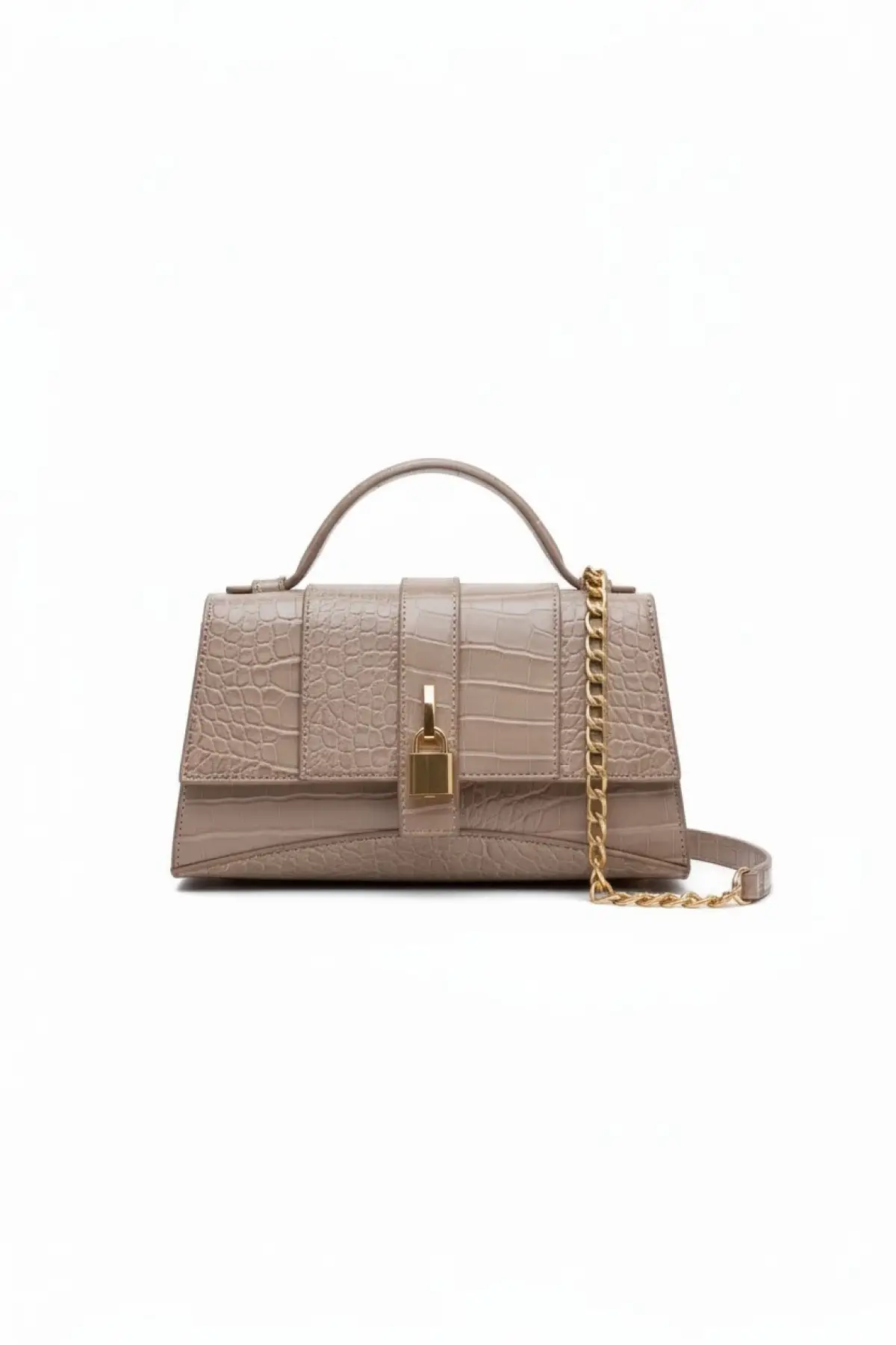 Bahus Kilit Aksesuarlı Zincir Askılı Kroko Desen Koyu Vizon Kroko Trend Kadın El Ve Omuz Çantası