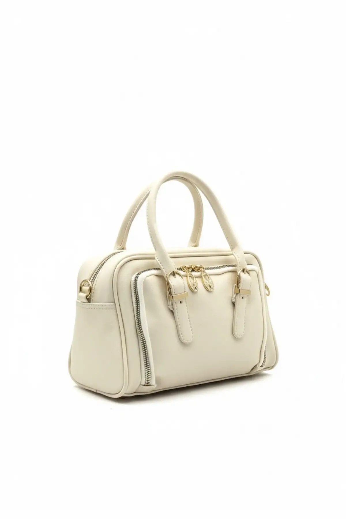 Lovina Krem Çift Fermuar Gözlü Trend Kadın Omuz Çantası