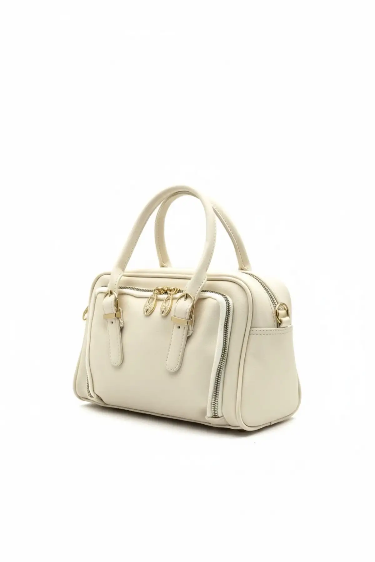 Lovina Krem Çift Fermuar Gözlü Trend Kadın Omuz Çantası
