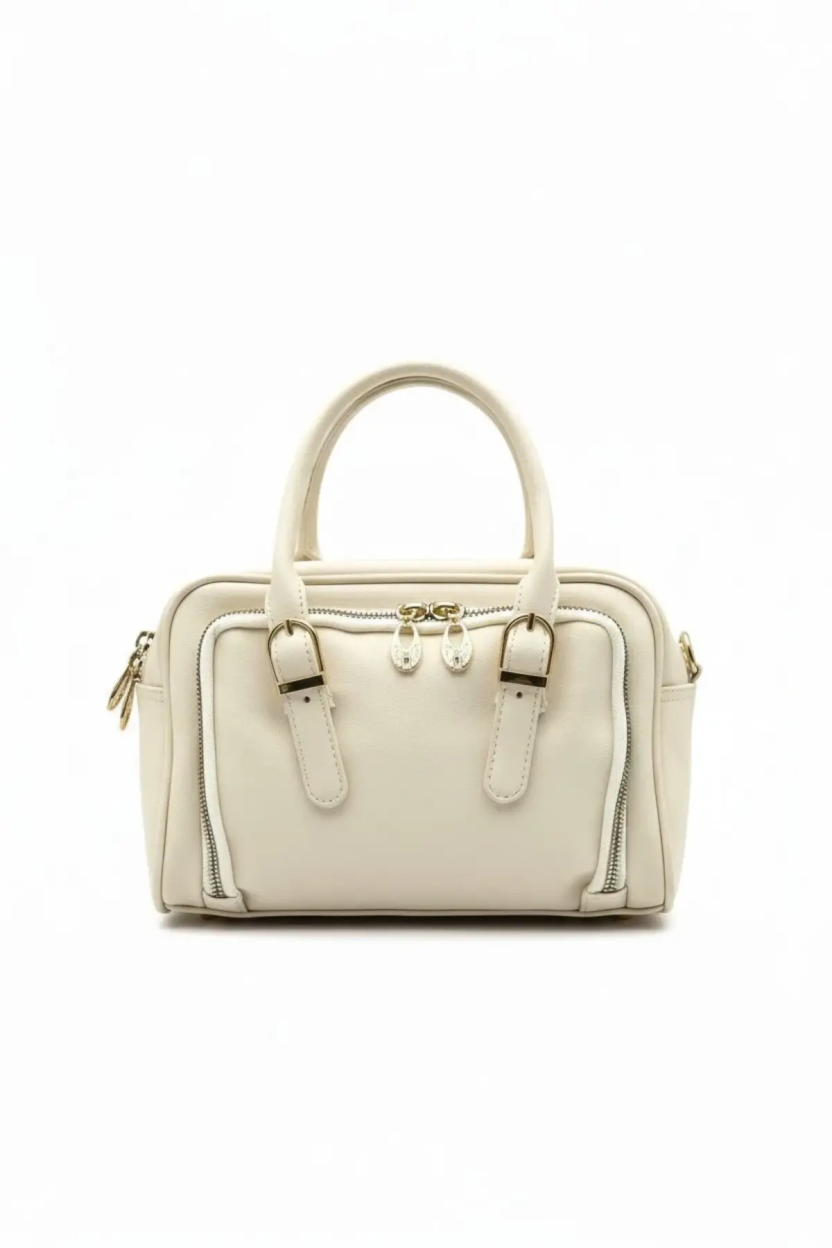 Lovina Krem Çift Fermuar Gözlü Trend Kadın Omuz Çantası