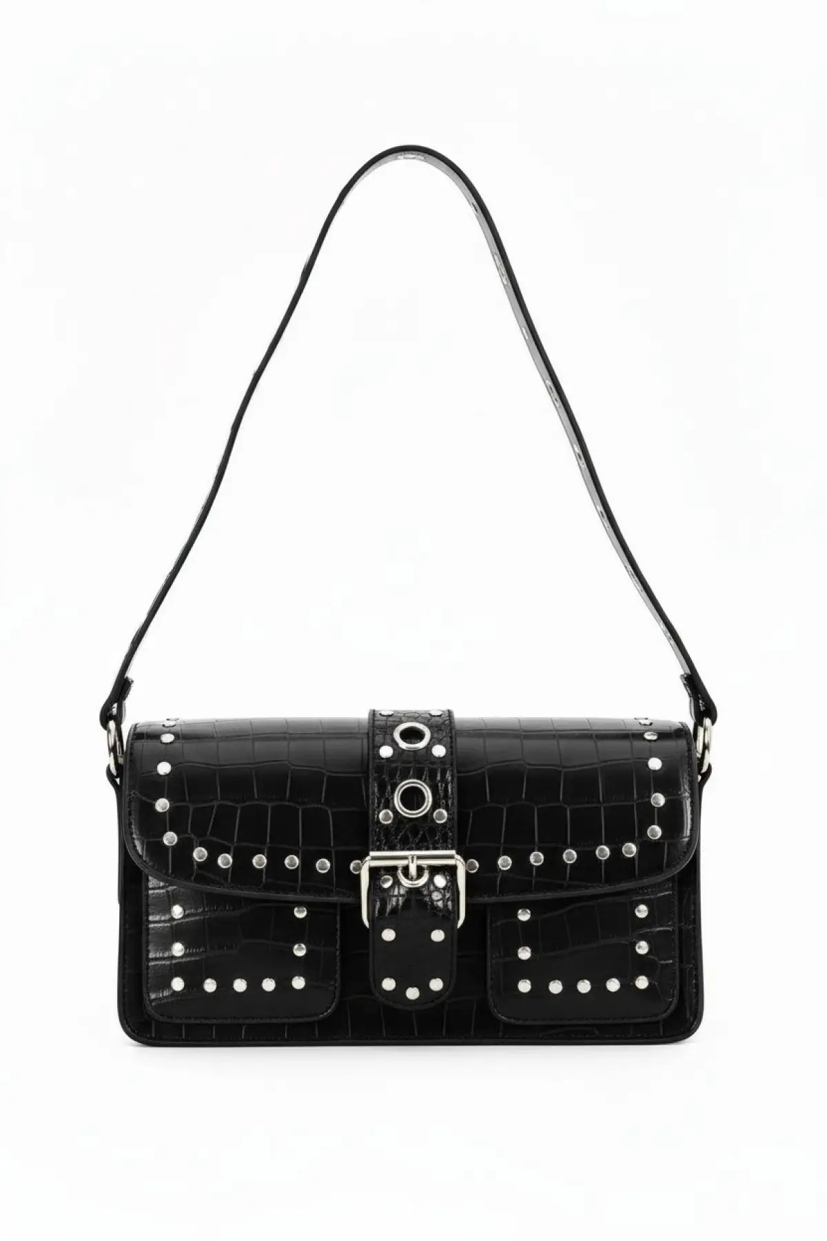 Elenor Siyah Kroko Zımba Detaylı Kadın Omuz Çantası
