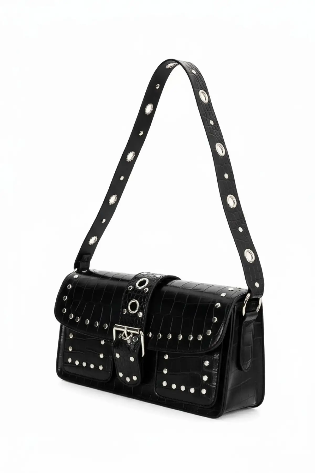 Elenor Siyah Kroko Zımba Detaylı Kadın Omuz Çantası