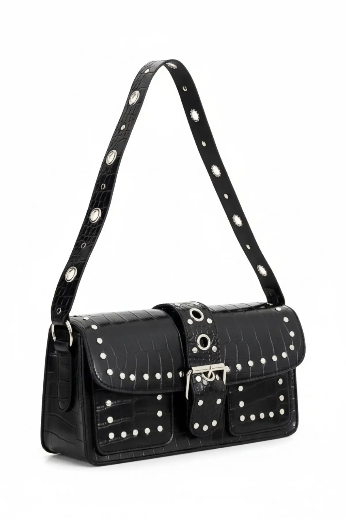 Elenor Siyah Kroko Zımba Detaylı Kadın Omuz Çantası