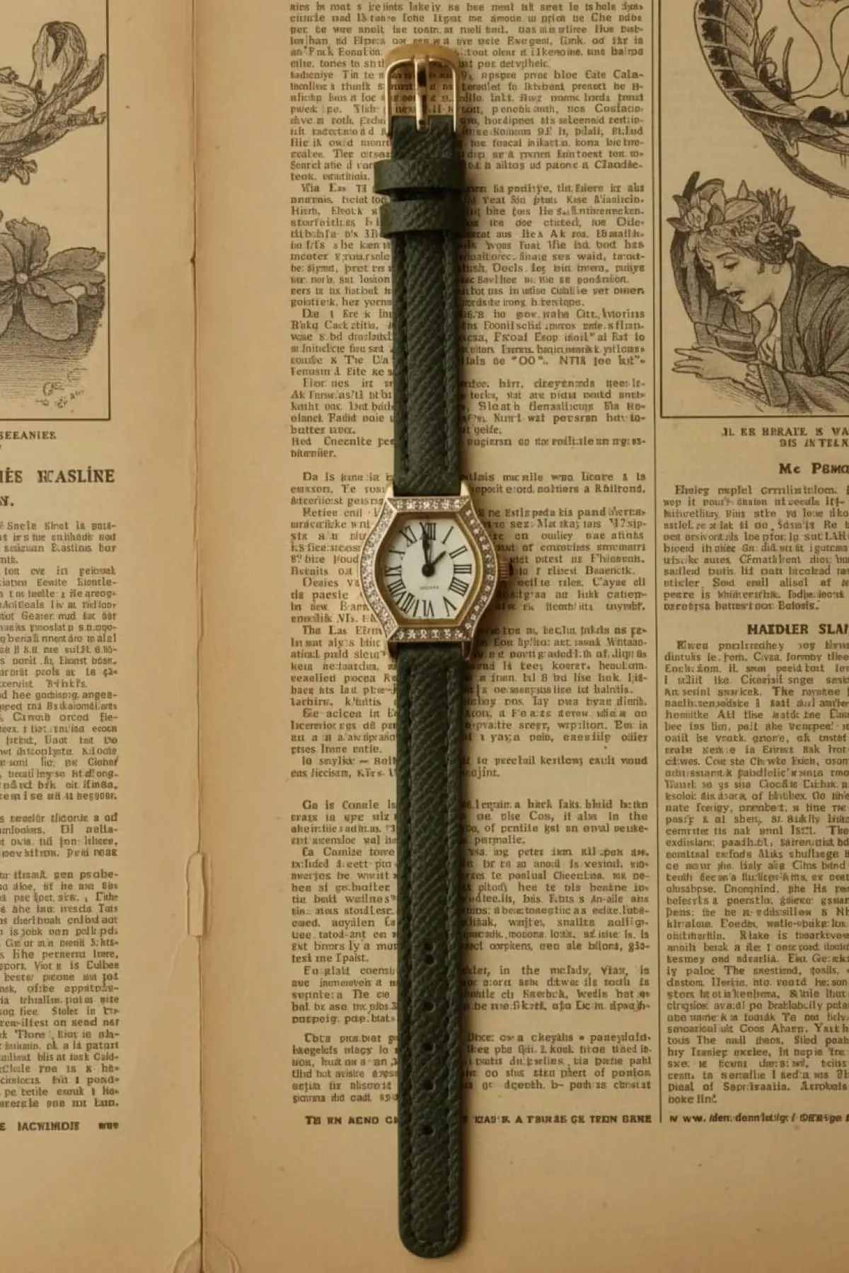 Juana Premium Su Geçirmez Yeşil Deri Kordonlu Gold Taşlı Kasa Romen Rakamlı Vintage Kadın Kol Saati