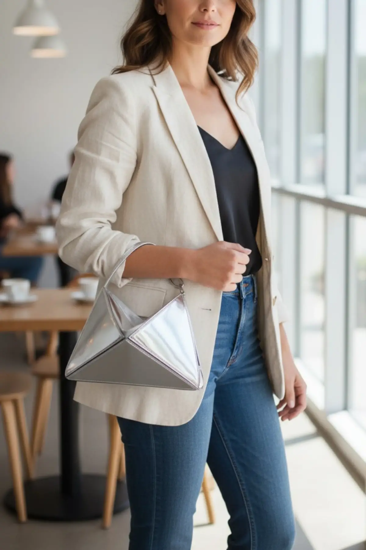 Serena Gümüş Rugan Üçgen Detaylı Kadın El Kol Ve Omuz Çantası