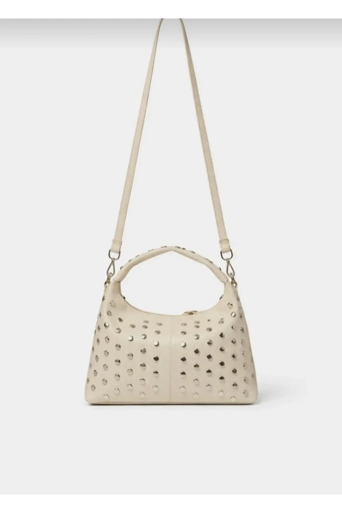 Lunera Krem Vegan Deri Zımba Detaylı Çift Fermuar Kapamalı Kadın El Ve Omuz Çantası