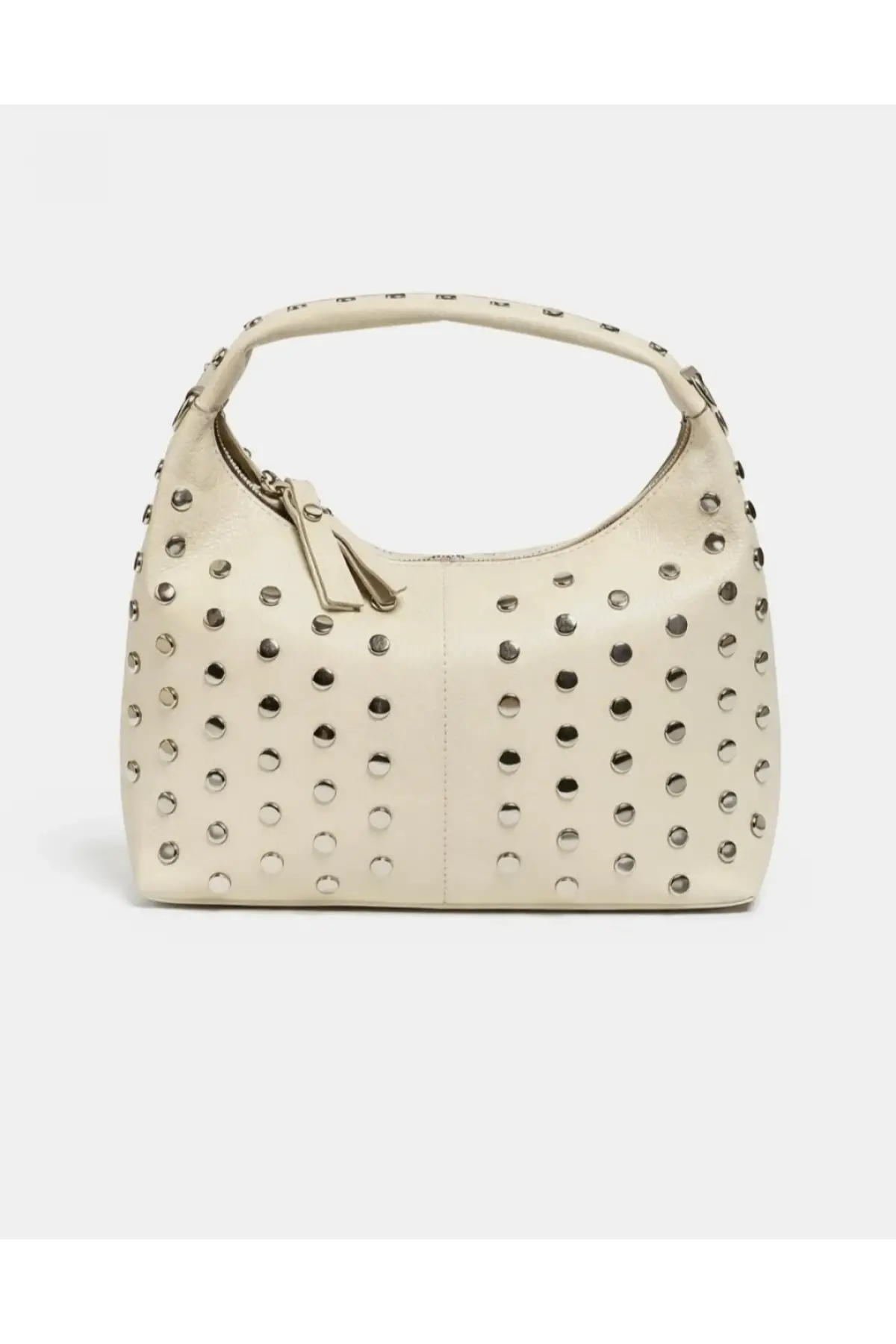 Lunera Krem Vegan Deri Zımba Detaylı Çift Fermuar Kapamalı Kadın El Ve Omuz Çantası