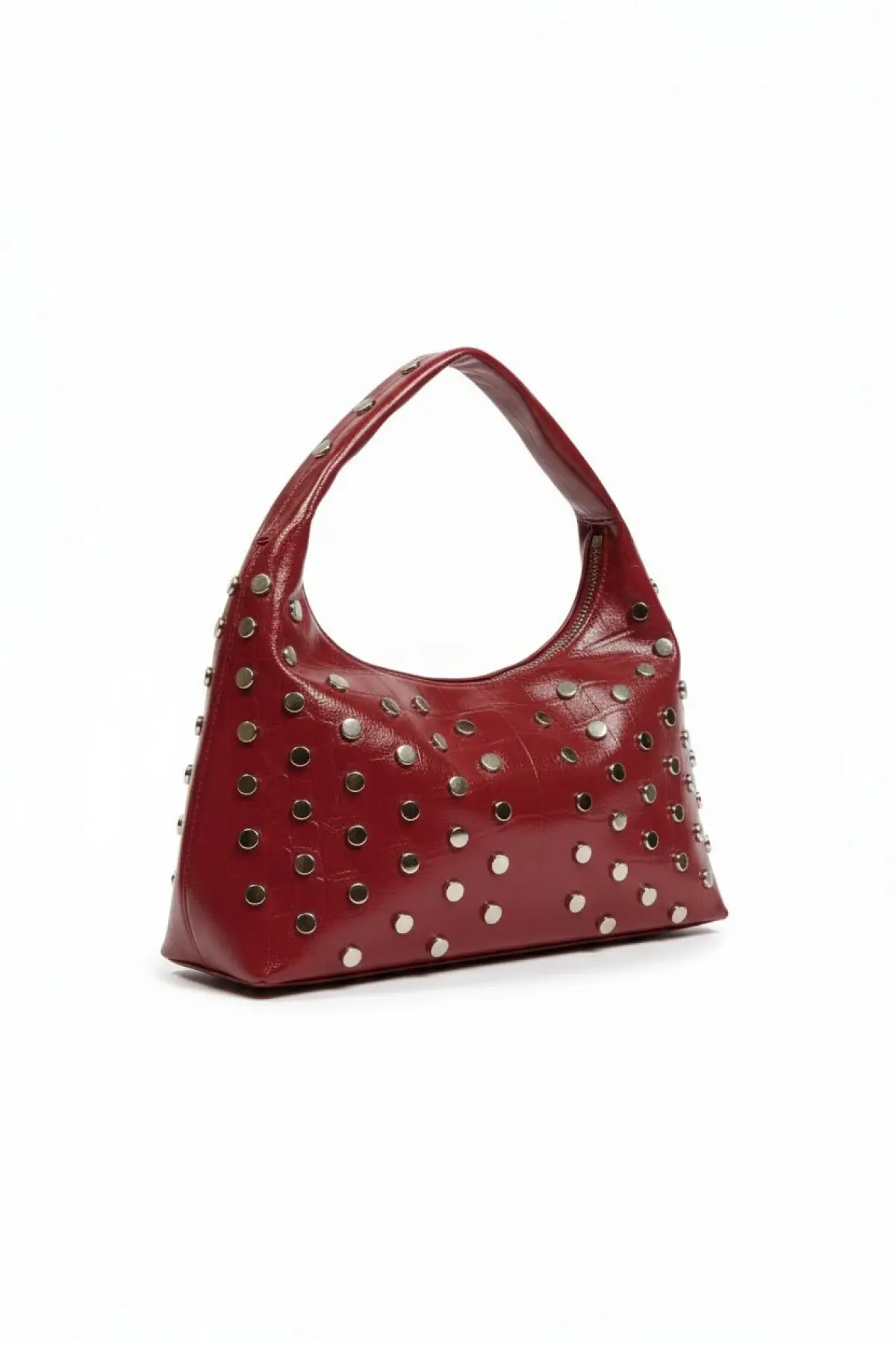 Lunera Bordo Vegan Deri Zımba Detaylı Çift Fermuar Kapamalı Kadın El Ve Omuz Çantası