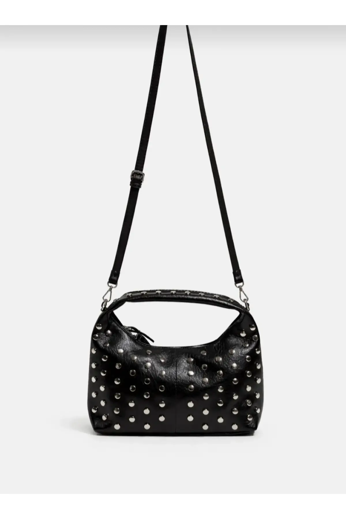 Lunera Siyah Vegan Deri Zımba Detaylı Çift Fermuar Kapamalı Kadın El Ve Omuz Çantası