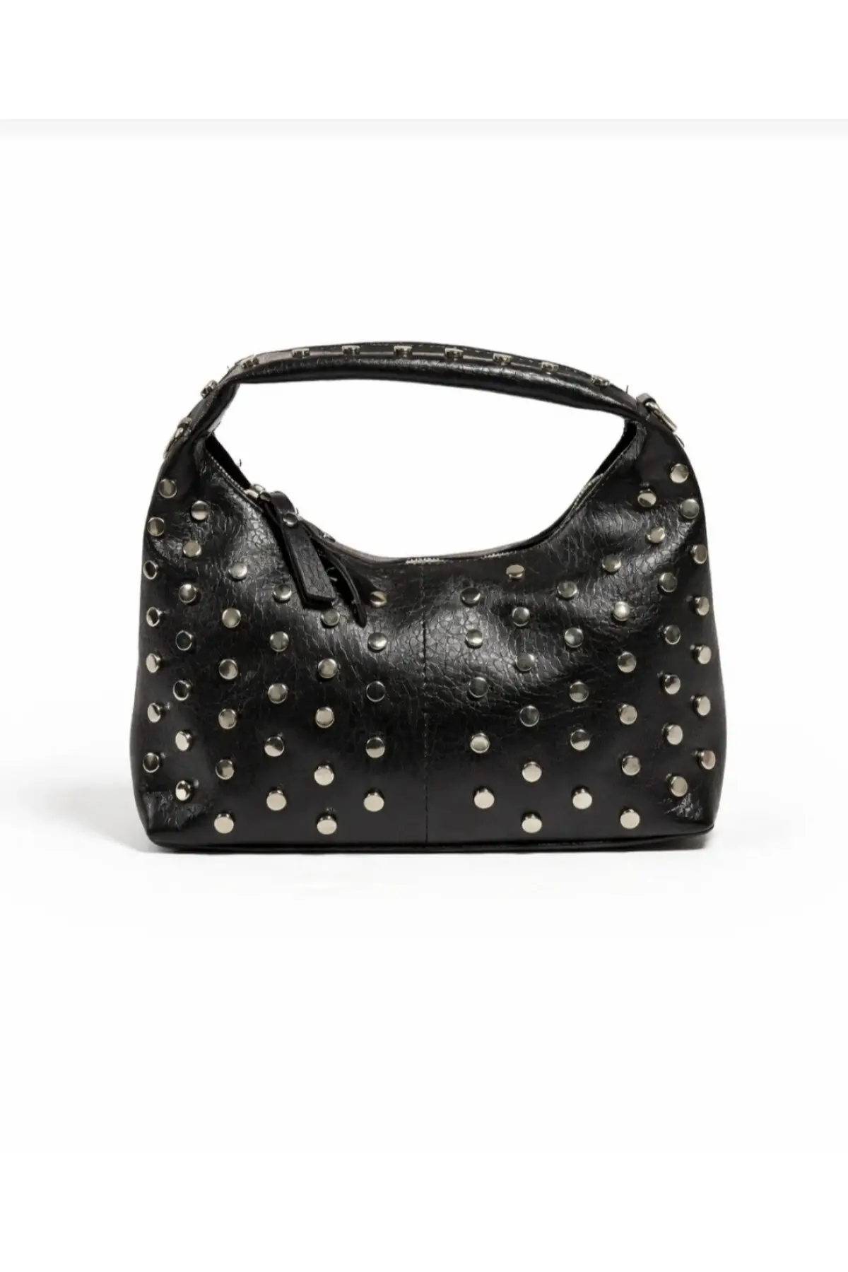 Lunera Siyah Vegan Deri Zımba Detaylı Çift Fermuar Kapamalı Kadın El Ve Omuz Çantası