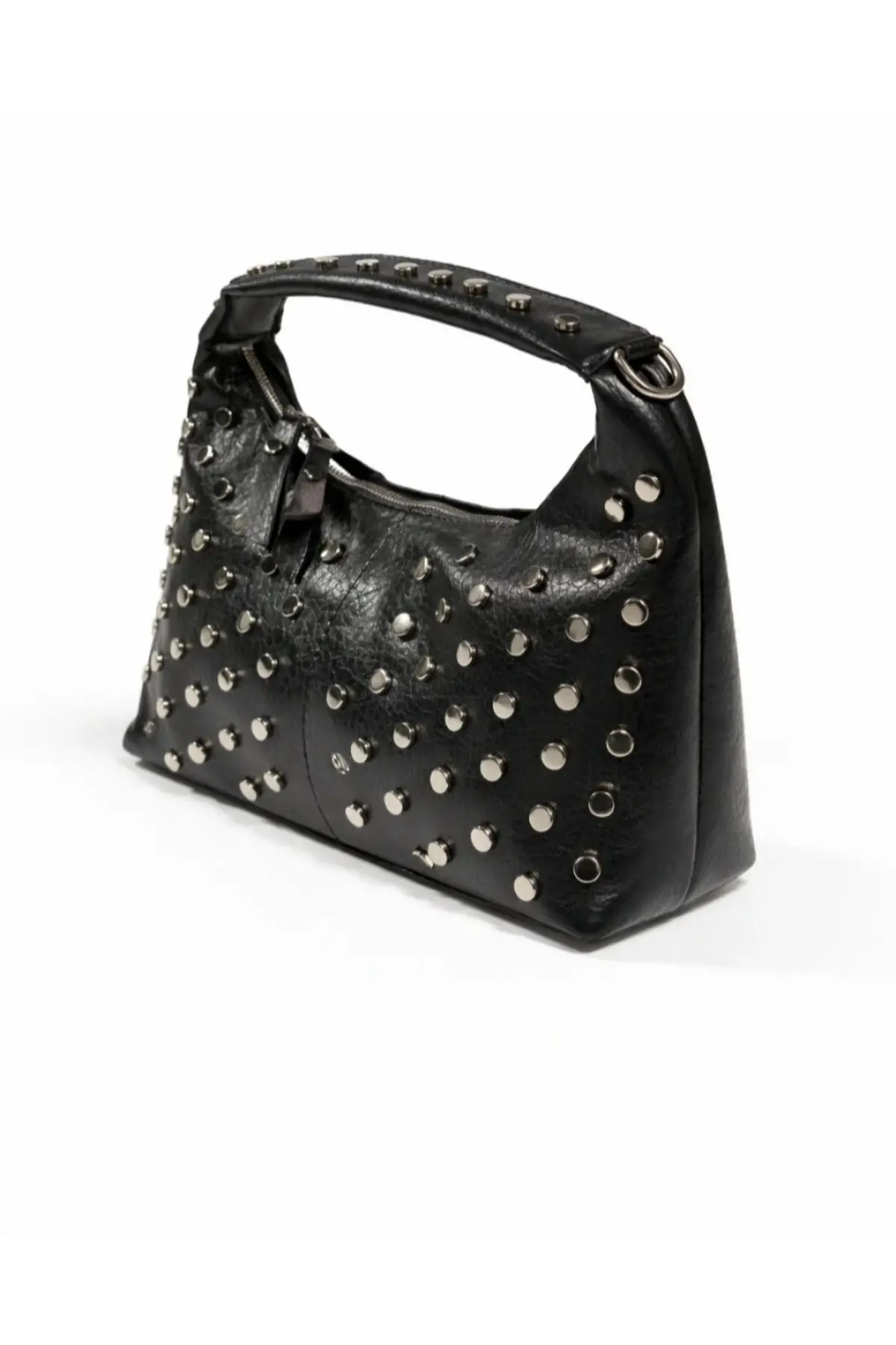 Lunera Siyah Vegan Deri Zımba Detaylı Çift Fermuar Kapamalı Kadın El Ve Omuz Çantası