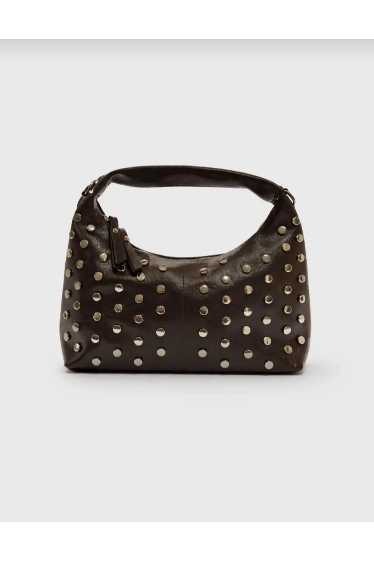 Lunera Kahverengi Vegan Deri Zımba Detaylı Çift Fermuar Kapamalı Kadın El Ve Omuz Çantası