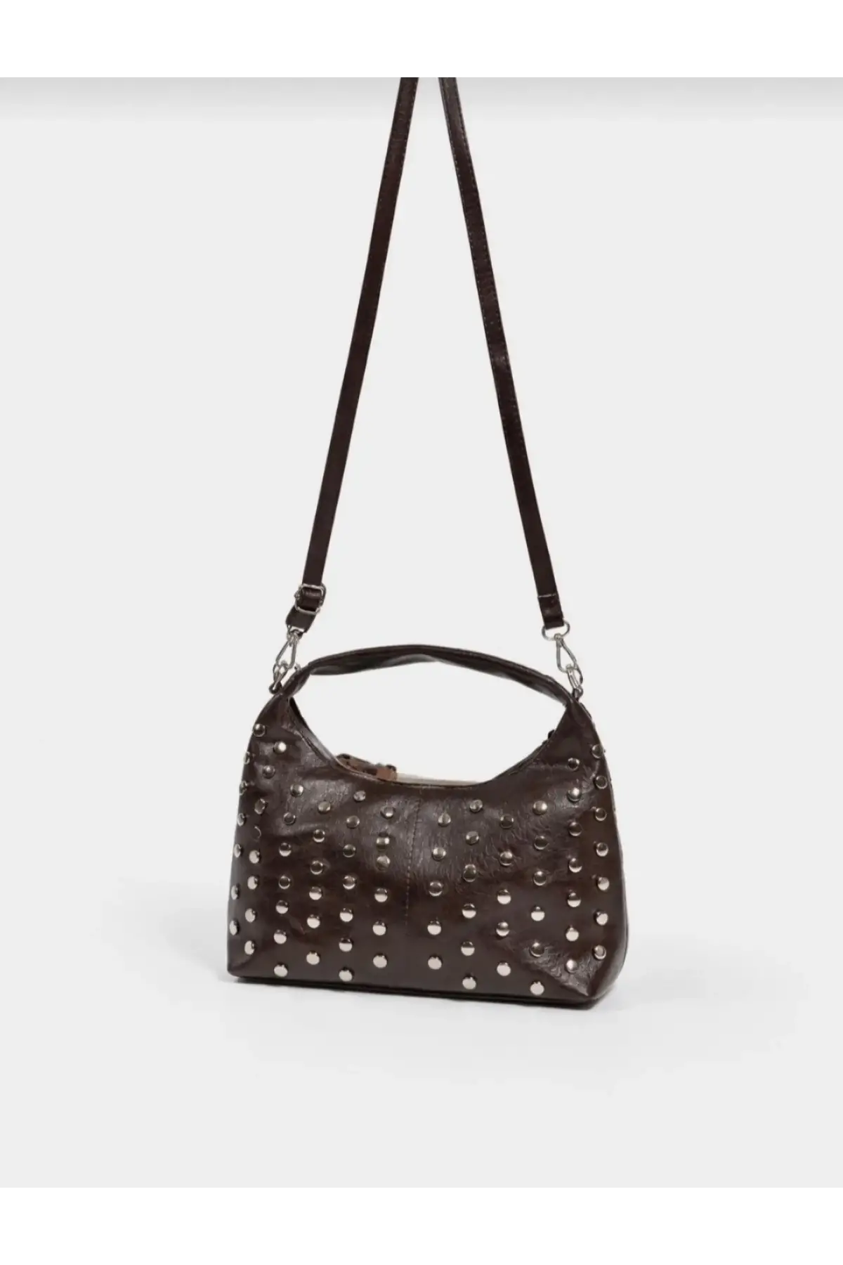 Lunera Kahverengi Vegan Deri Zımba Detaylı Çift Fermuar Kapamalı Kadın El Ve Omuz Çantası