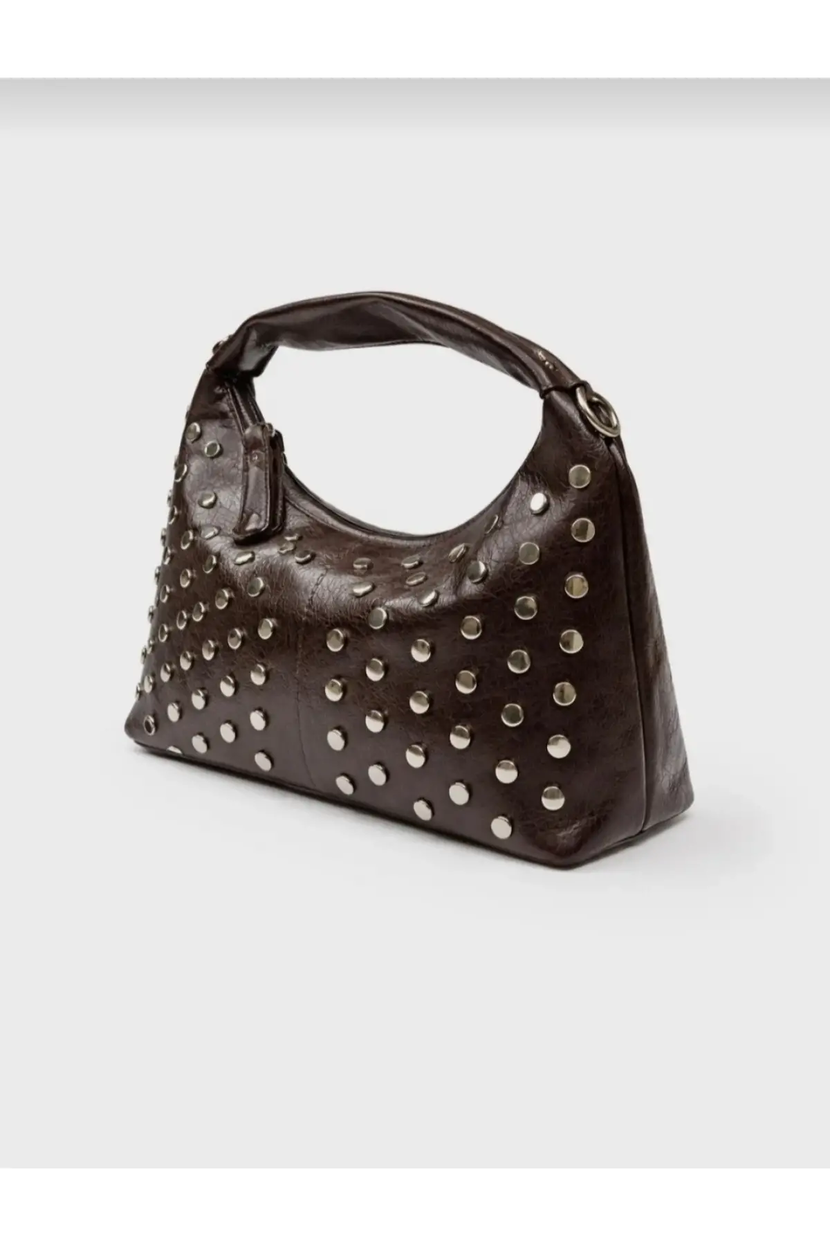 Lunera Kahverengi Vegan Deri Zımba Detaylı Çift Fermuar Kapamalı Kadın El Ve Omuz Çantası