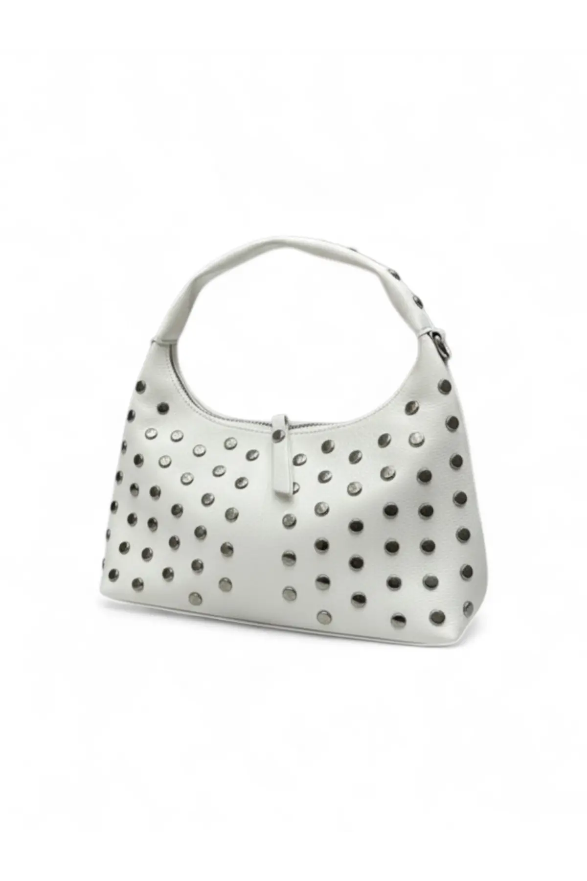 Lunera Beyaz Vegan Deri Zımba Detaylı Çift Fermuar Kapamalı Kadın El Ve Omuz Çantası