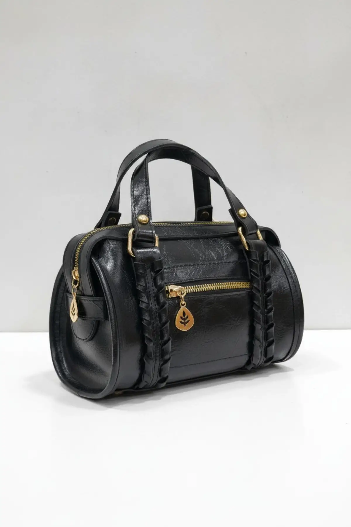 Loretta Siyah Vegan Deri Örgü Detaylı Mini Kadın El Ve Omuz Çantası