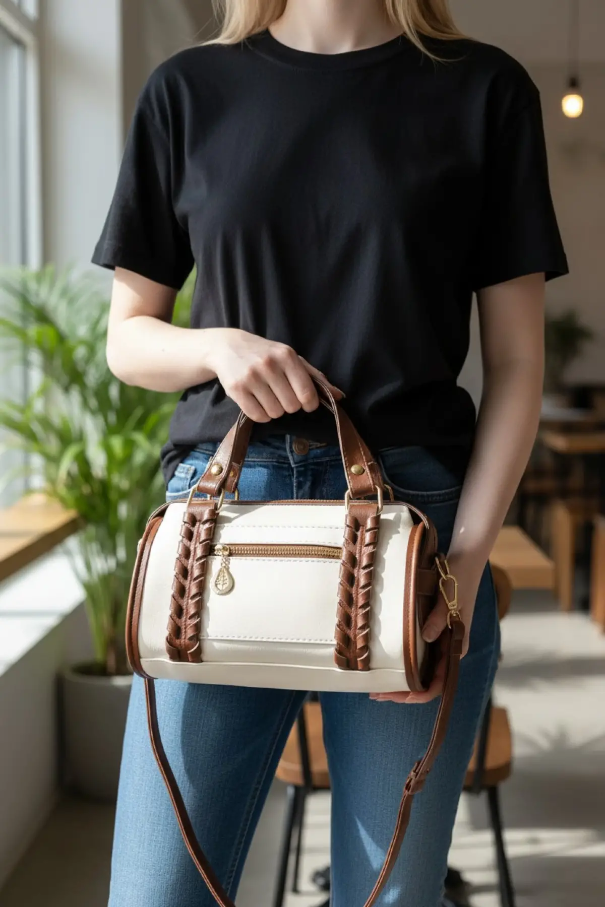 Loretta Taba-Krem Vegan Deri Örgü Detaylı Mini Kadın El Ve Omuz Çantası