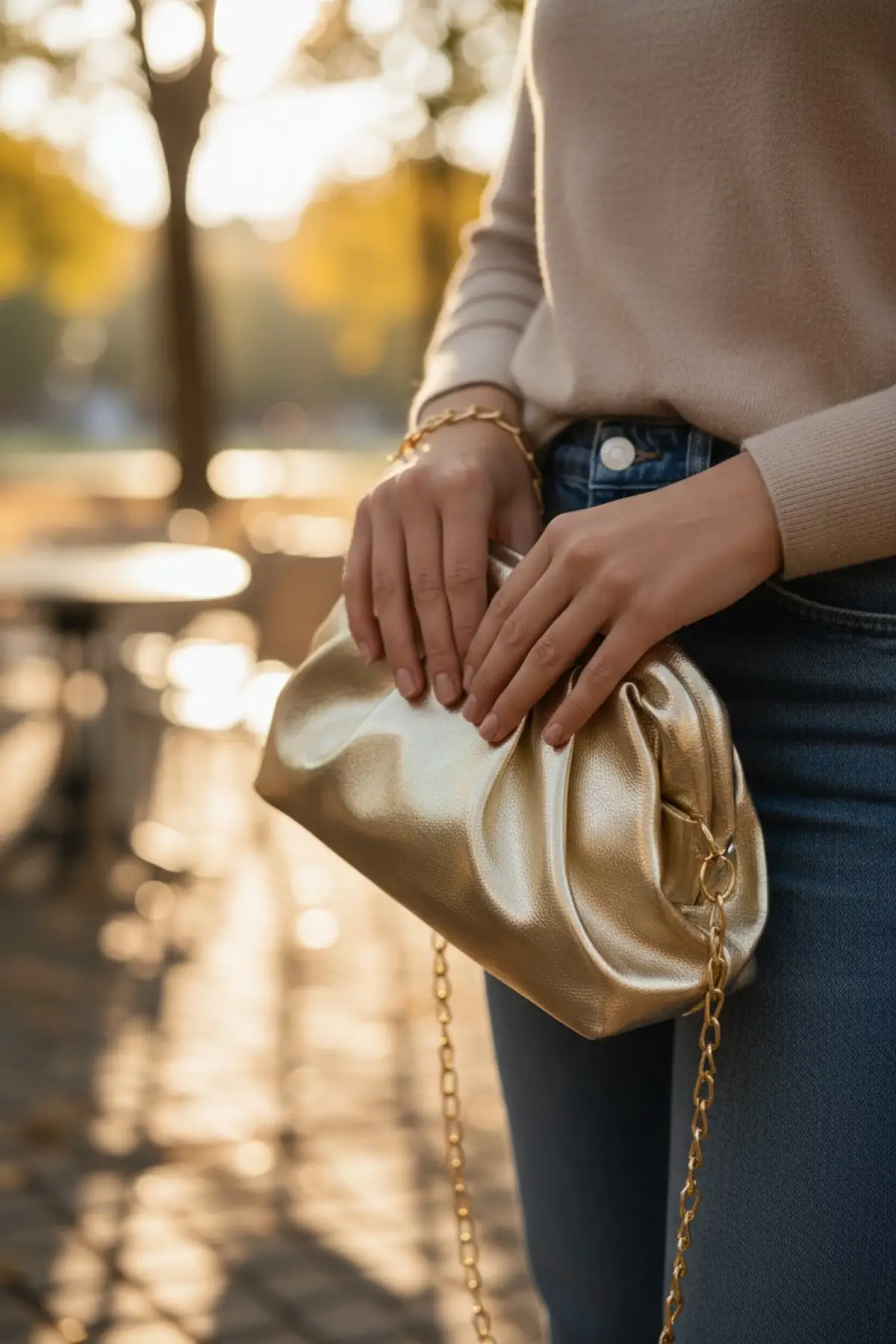 Amara Gold Vegan Deri Burs Kapamalı Zincir Askılı Kadın El Ve Omuz Çantası