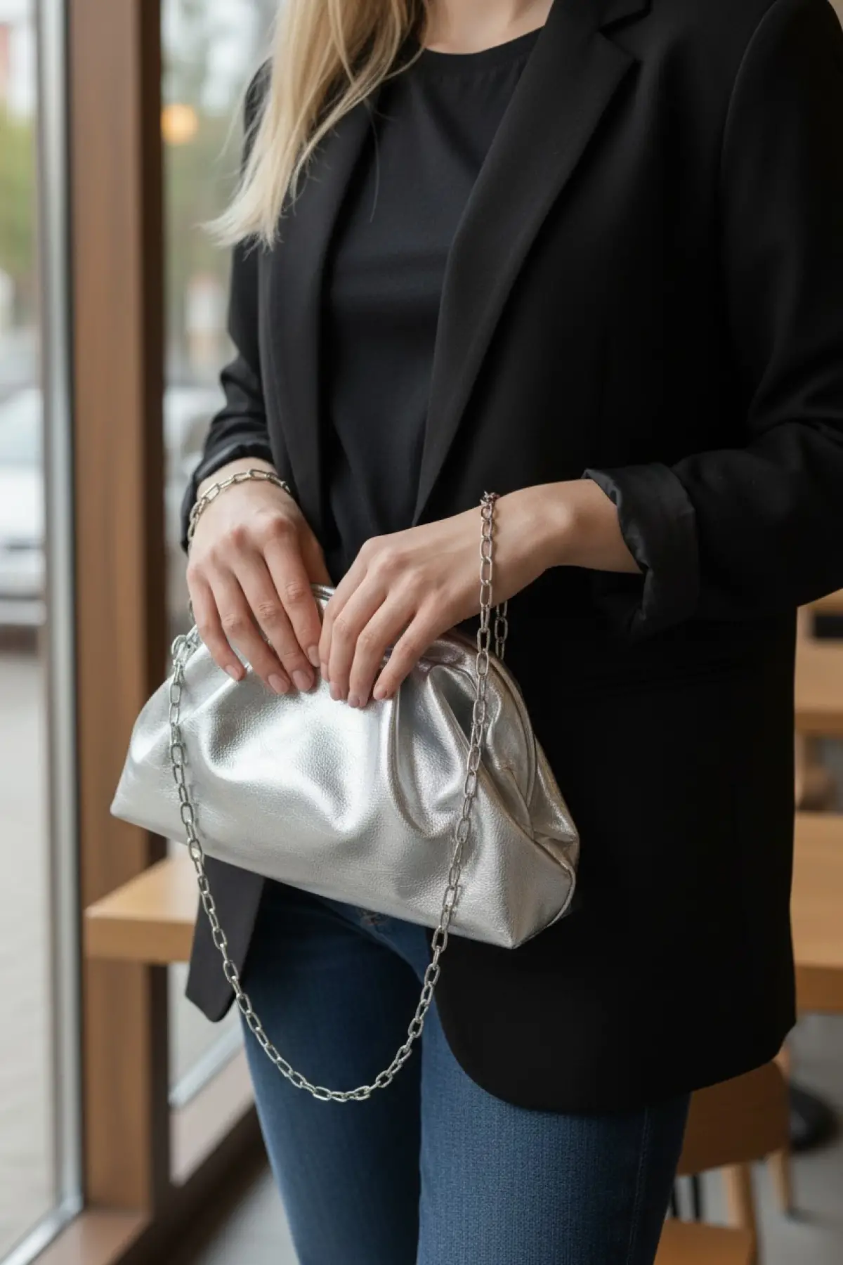 Amara Gümüş Vegan Deri Burs Kapamalı Zincir Askılı Kadın El Ve Omuz Çantası