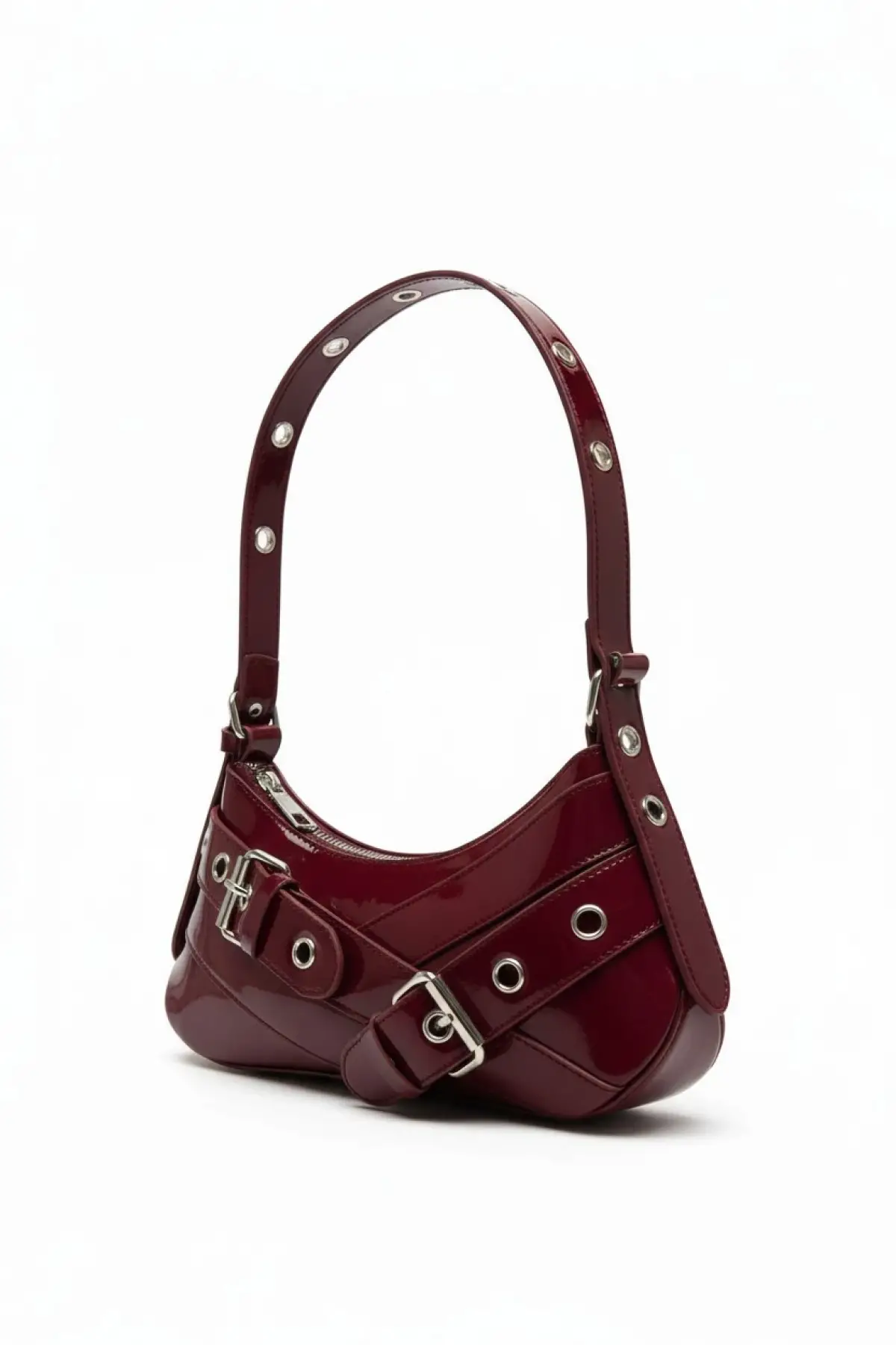 Casey Bordo Rugan Kemer Detaylı Kadın Baget Omuz Çantası