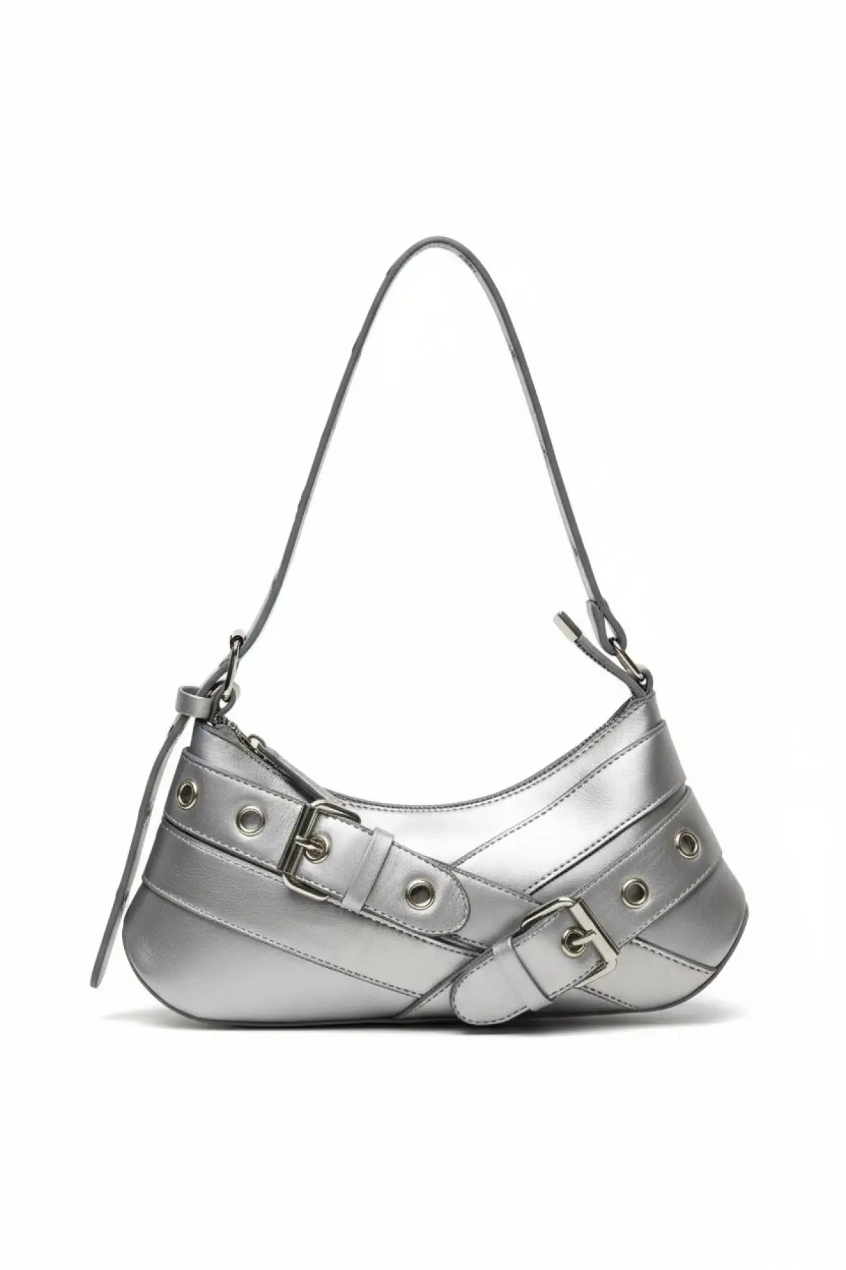 Casey Gümüş Cilt Kemer Detaylı Kadın Baget Omuz Çantası